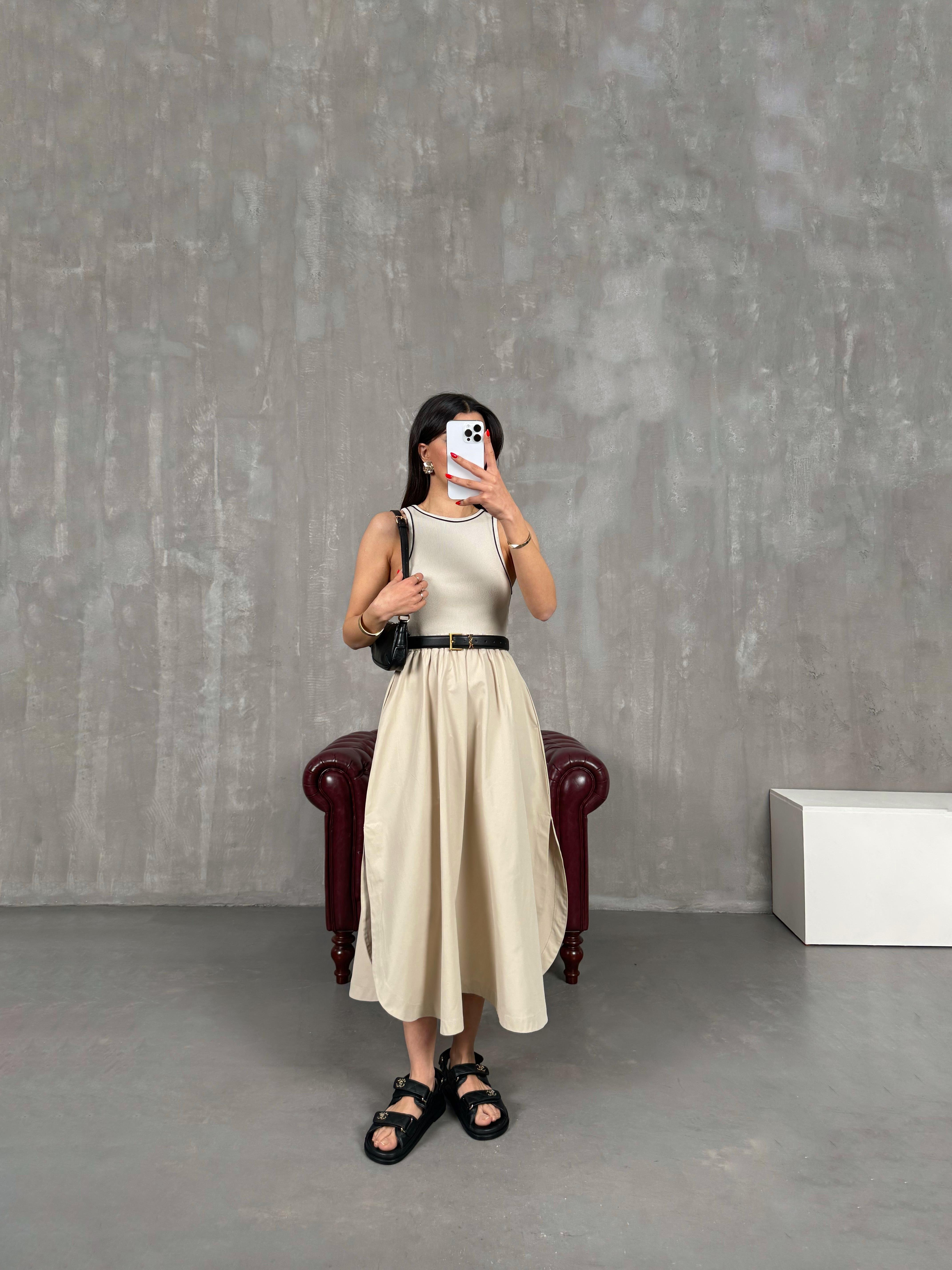 Taş Poplin Karışımlı Fitilli Sıfır Kol Yırtmaçlı Cepli Elbise Gaus00172GausELBİSEGU1001398