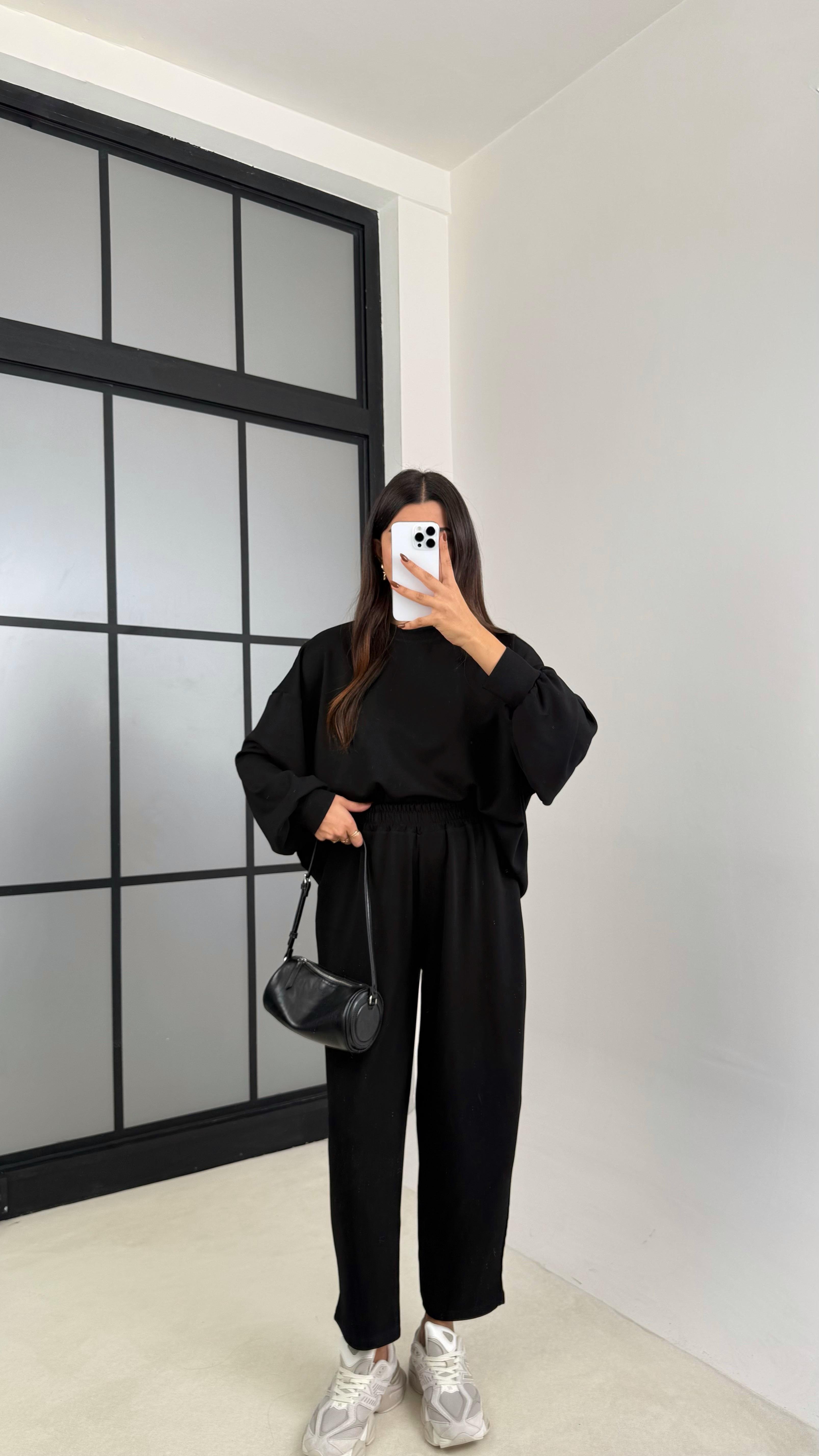 Siyah Uzun Kol Kazak Beli Lastikli Pantolon İkili Modal Kumaş Takım GAUS-00135GAUSTAKIMGAUS-00135