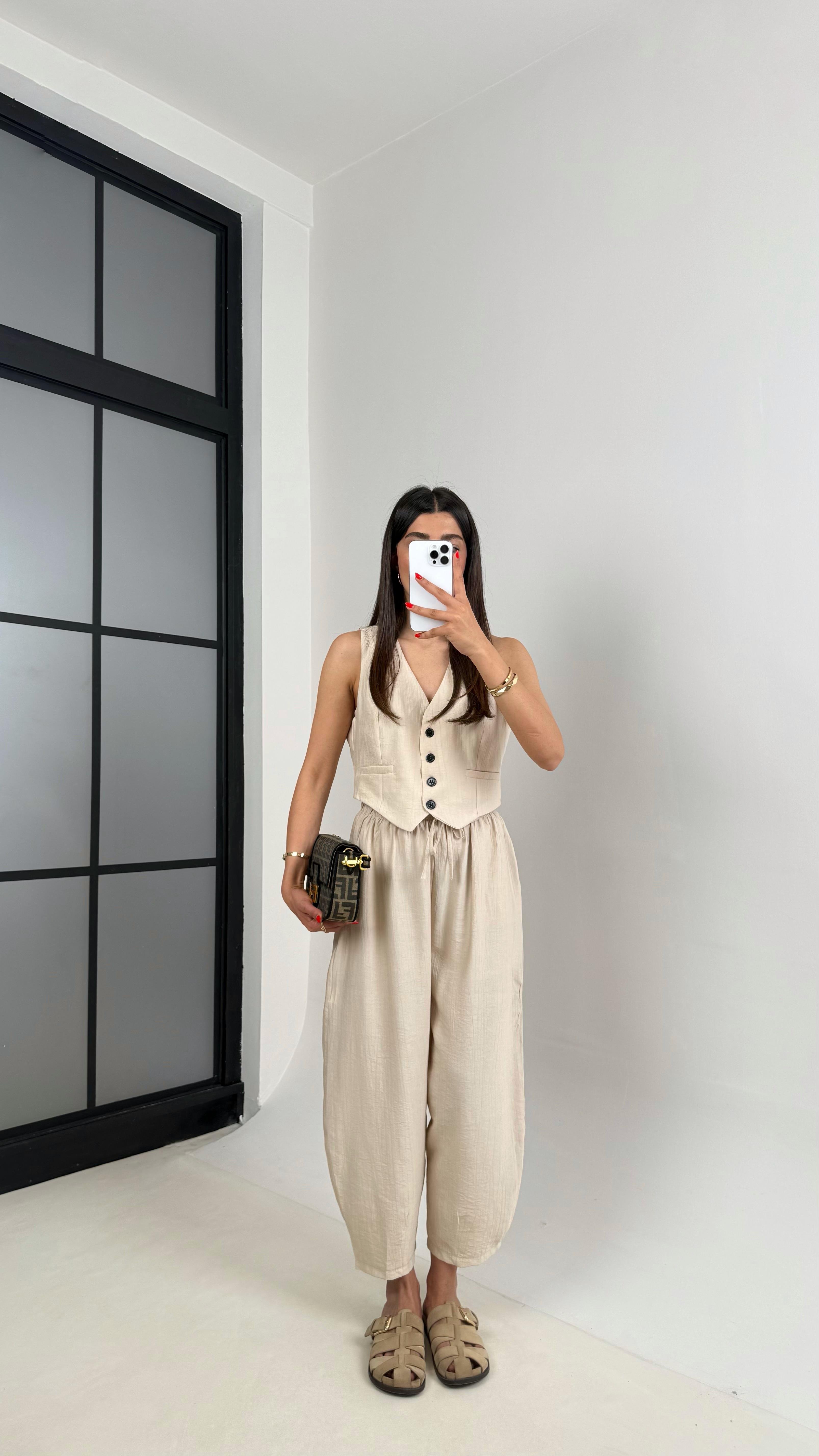 Taş Astarlı Yelek Balon Pantolon Çilek Kumaş Takım Gaus00501GausTAKIMGU1002176