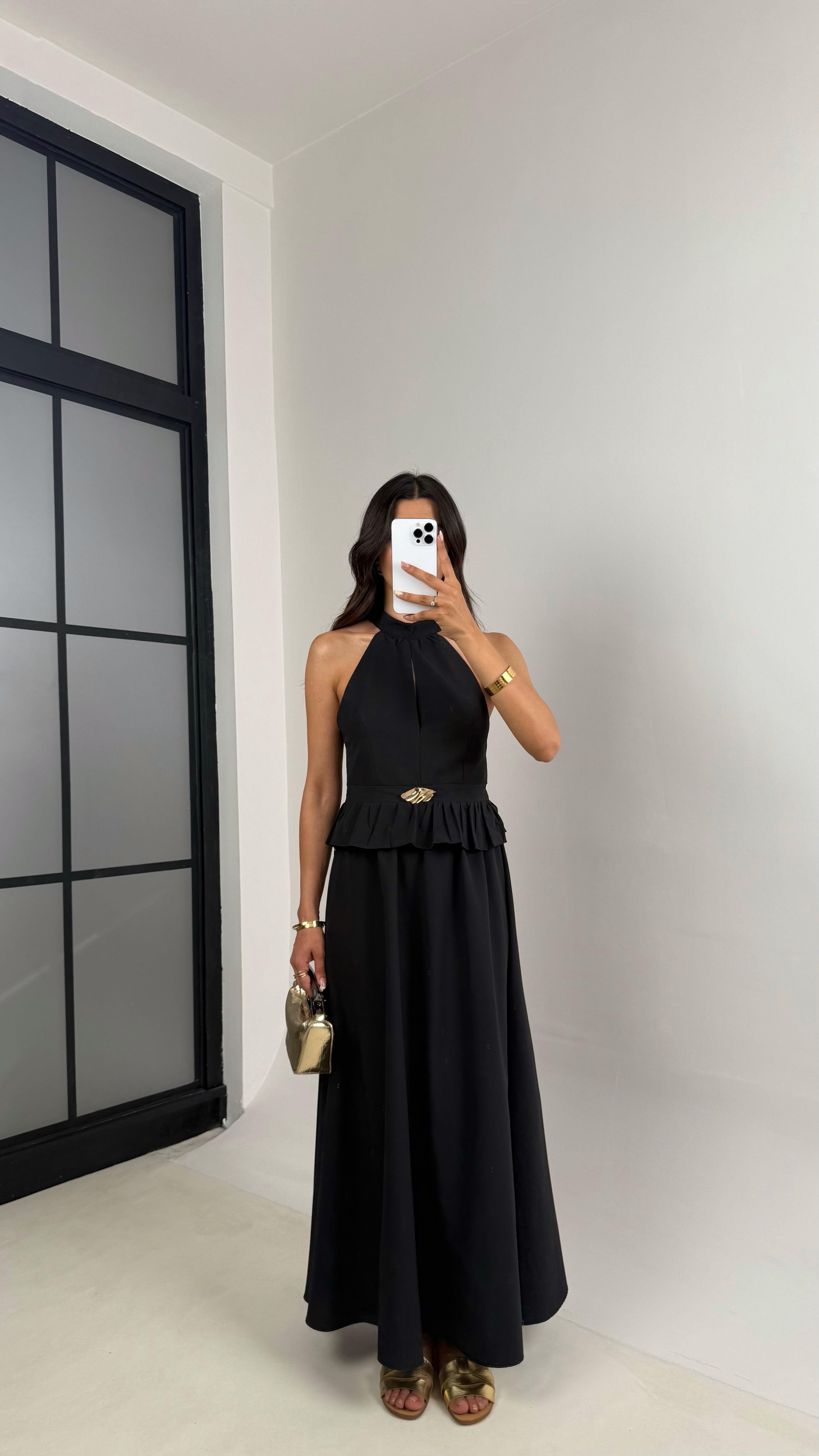 Siyah Gold Toka Detaylı Bluz Beli Lastikli Etek İkili Takım Gaus00678GausTAKIMGU1002561