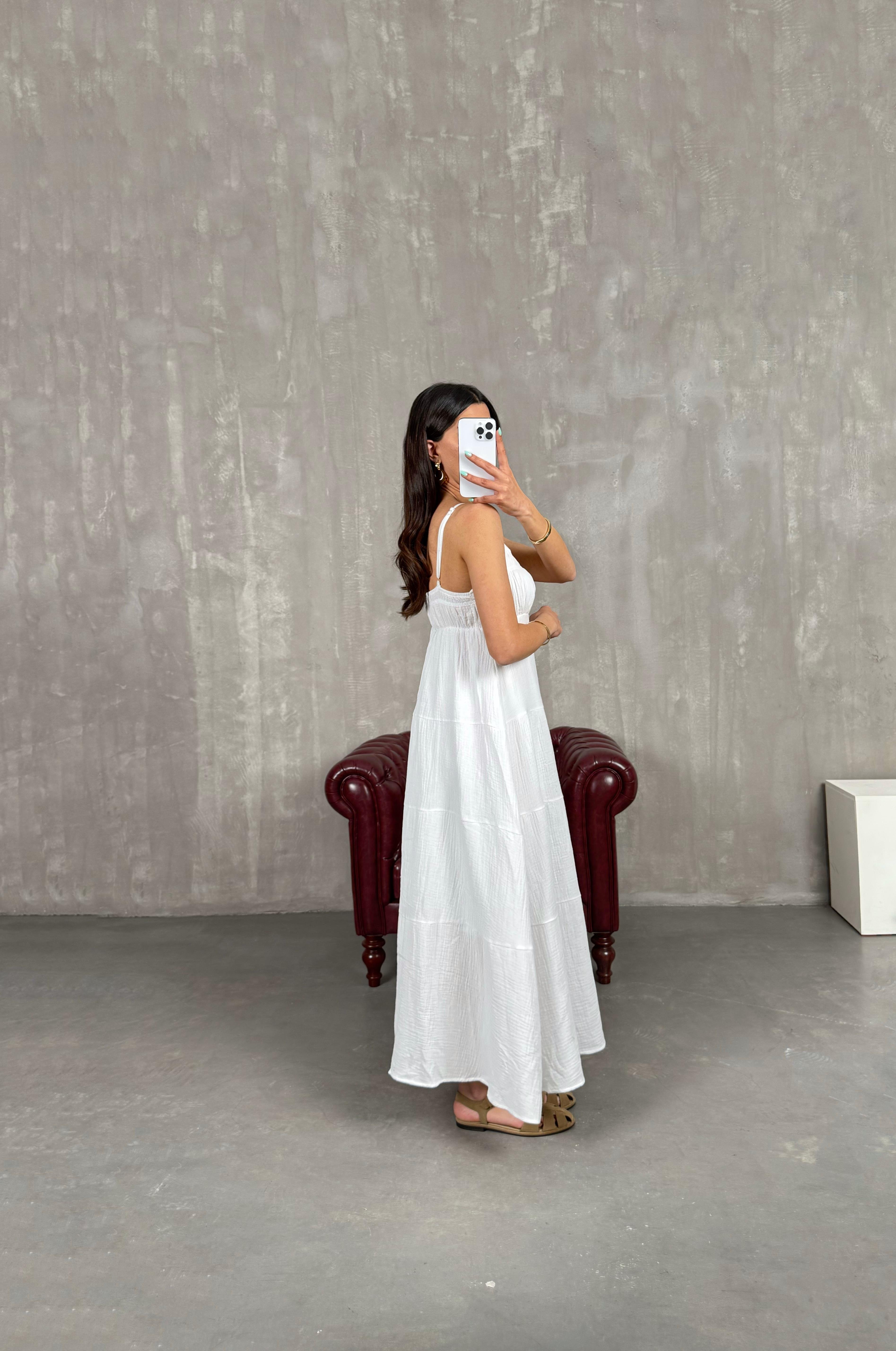 Beyaz Ayarlanabilir Askılı Yarım Astarlı Müslin Elbise Gaus00244GausELBİSEGU1001565