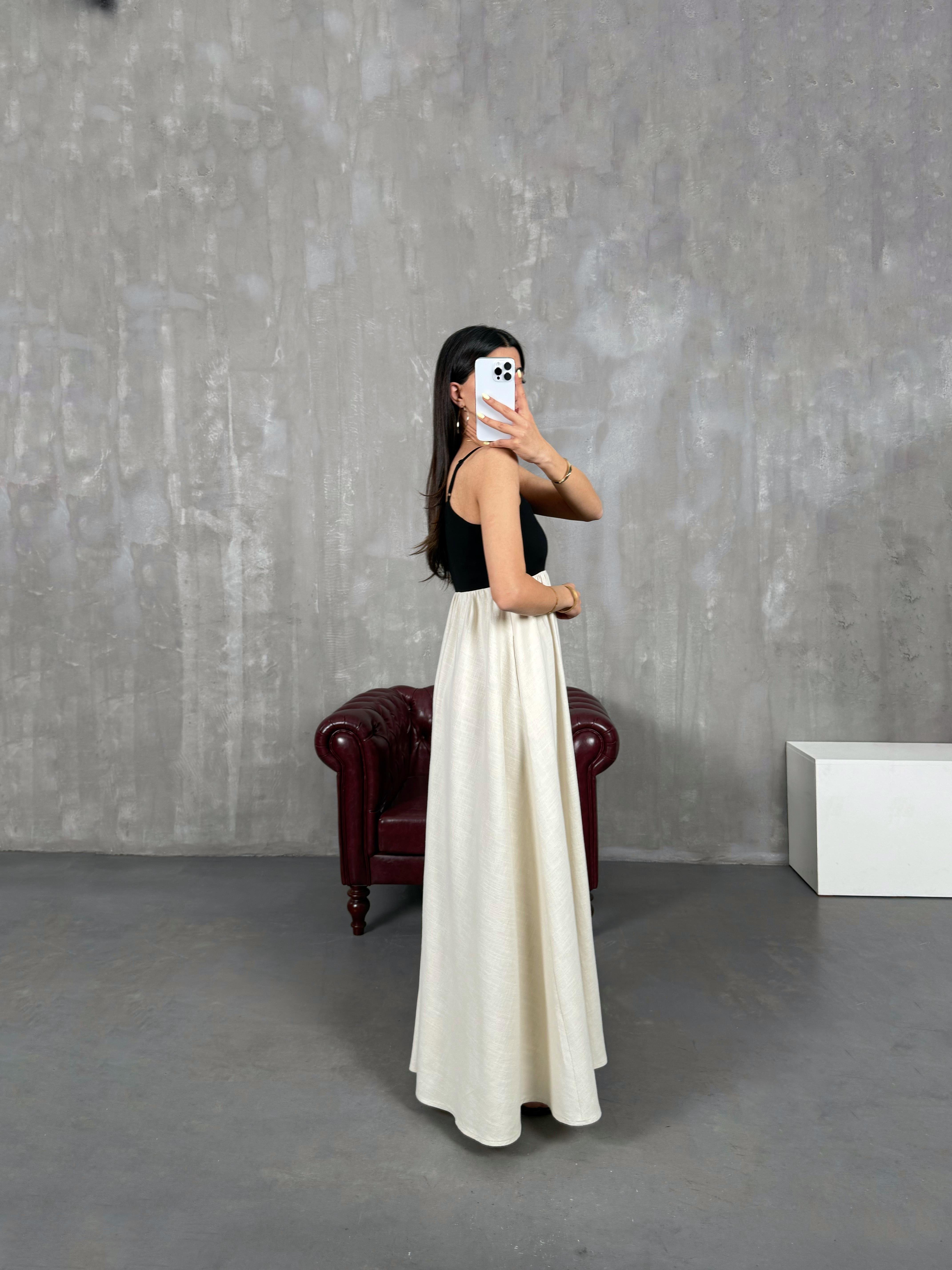 Siyah Taş Renk Bloklu Ayarlanabilir Askılı Elbise Gaus00127GausELBİSEGU1001287