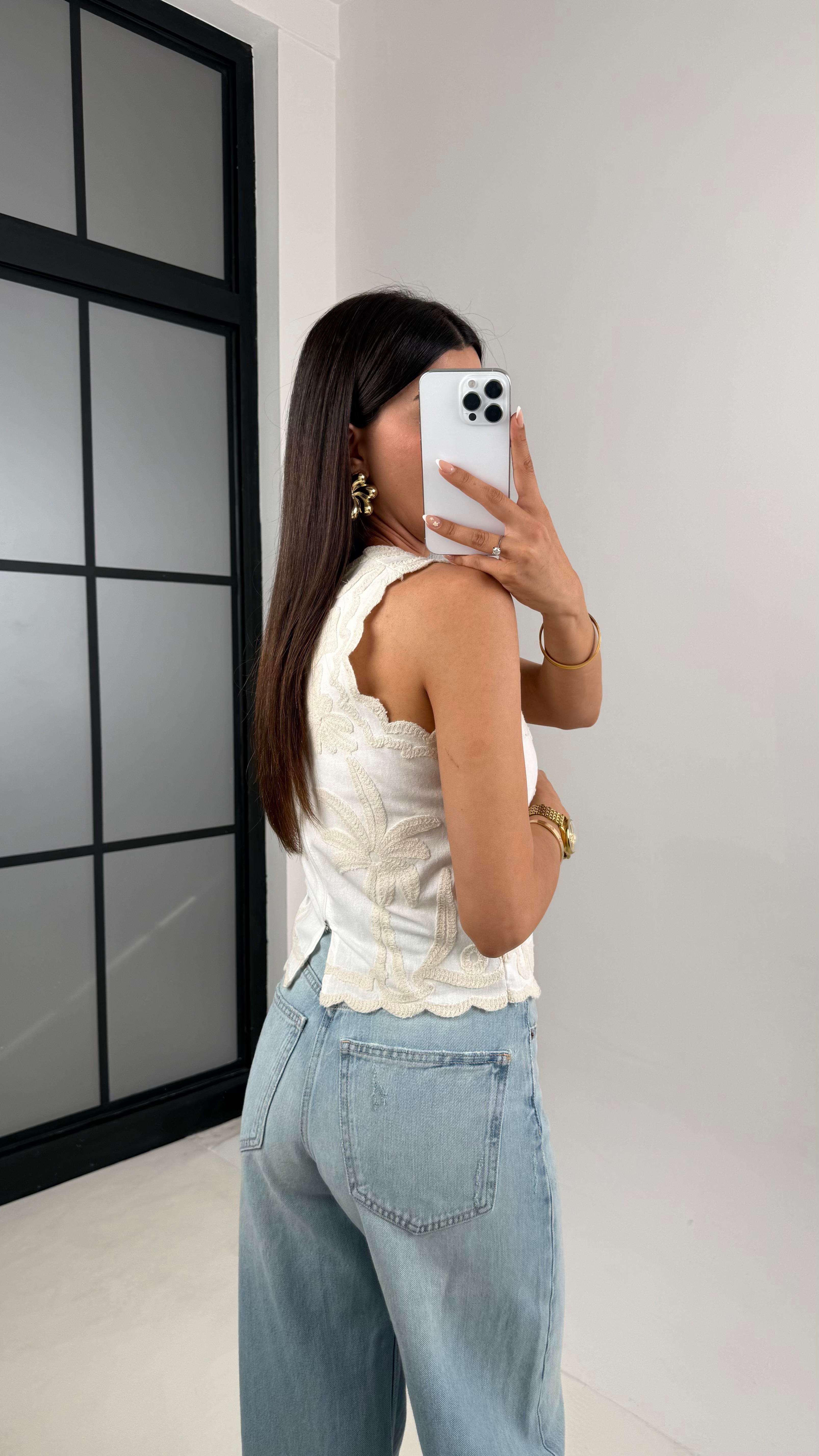 Ekru Nakış İşlemeli Keten Bluz Gaus00612Gausالبلوزات GU1002431