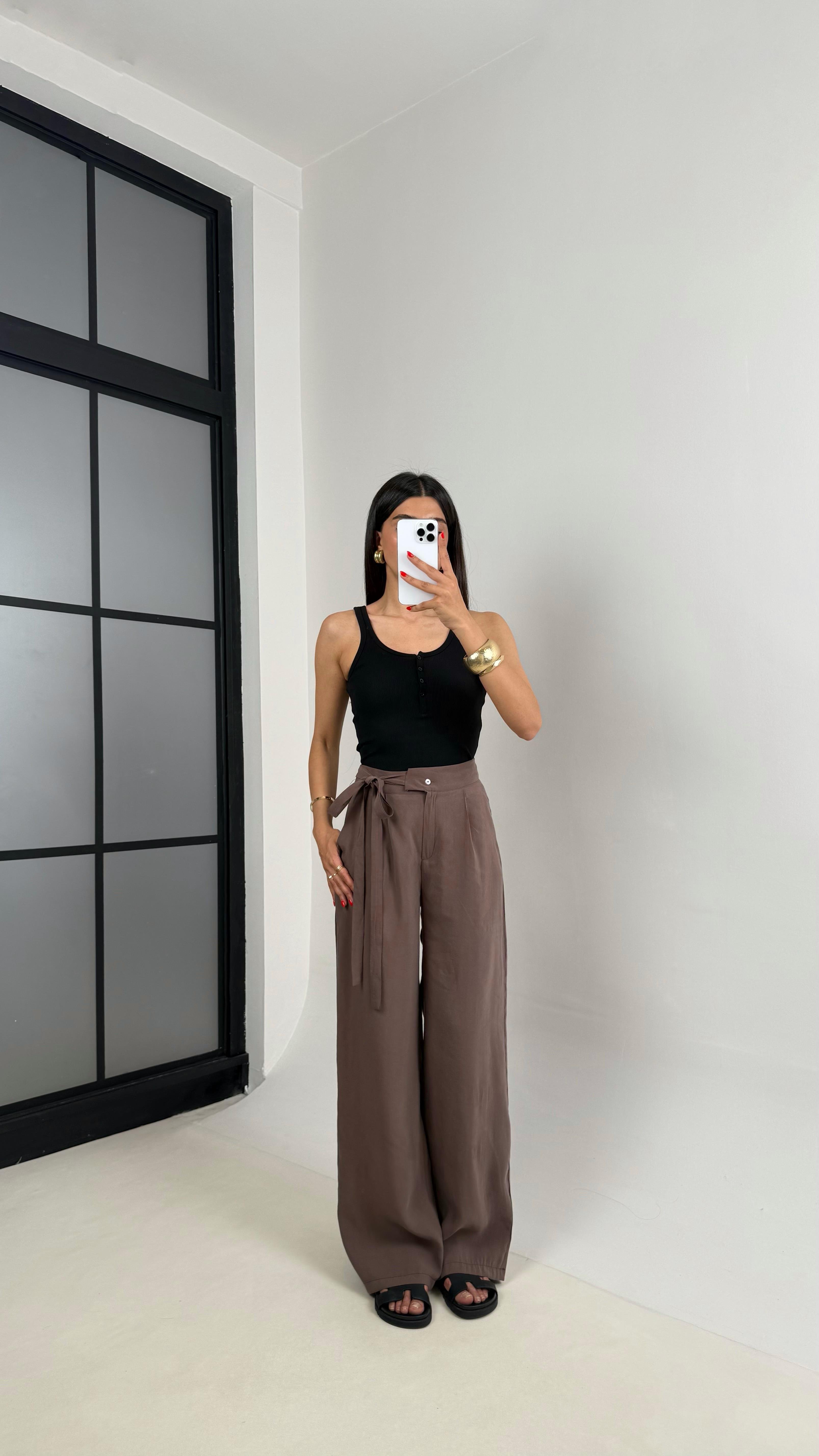 Kahve Yan Bağlamalı Tasarım Tencel Pantolon Gaus00500GausPANTOLONGU1002173