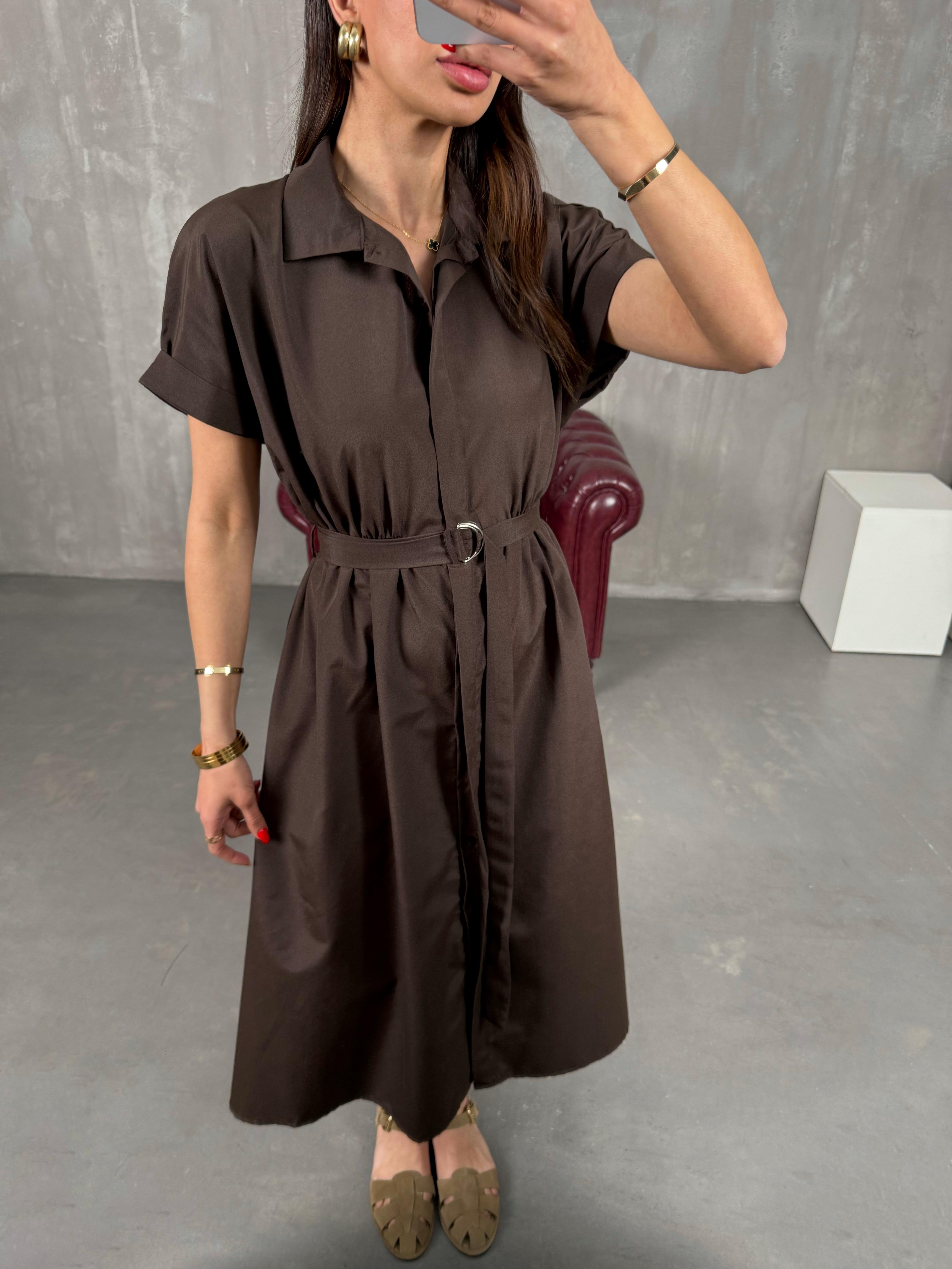 Acı Kahve Ön Düğmeli Kuşaklı Beli Lastikli Gömlek Yaka Elbise Gaus00178GausDressesGU1001411