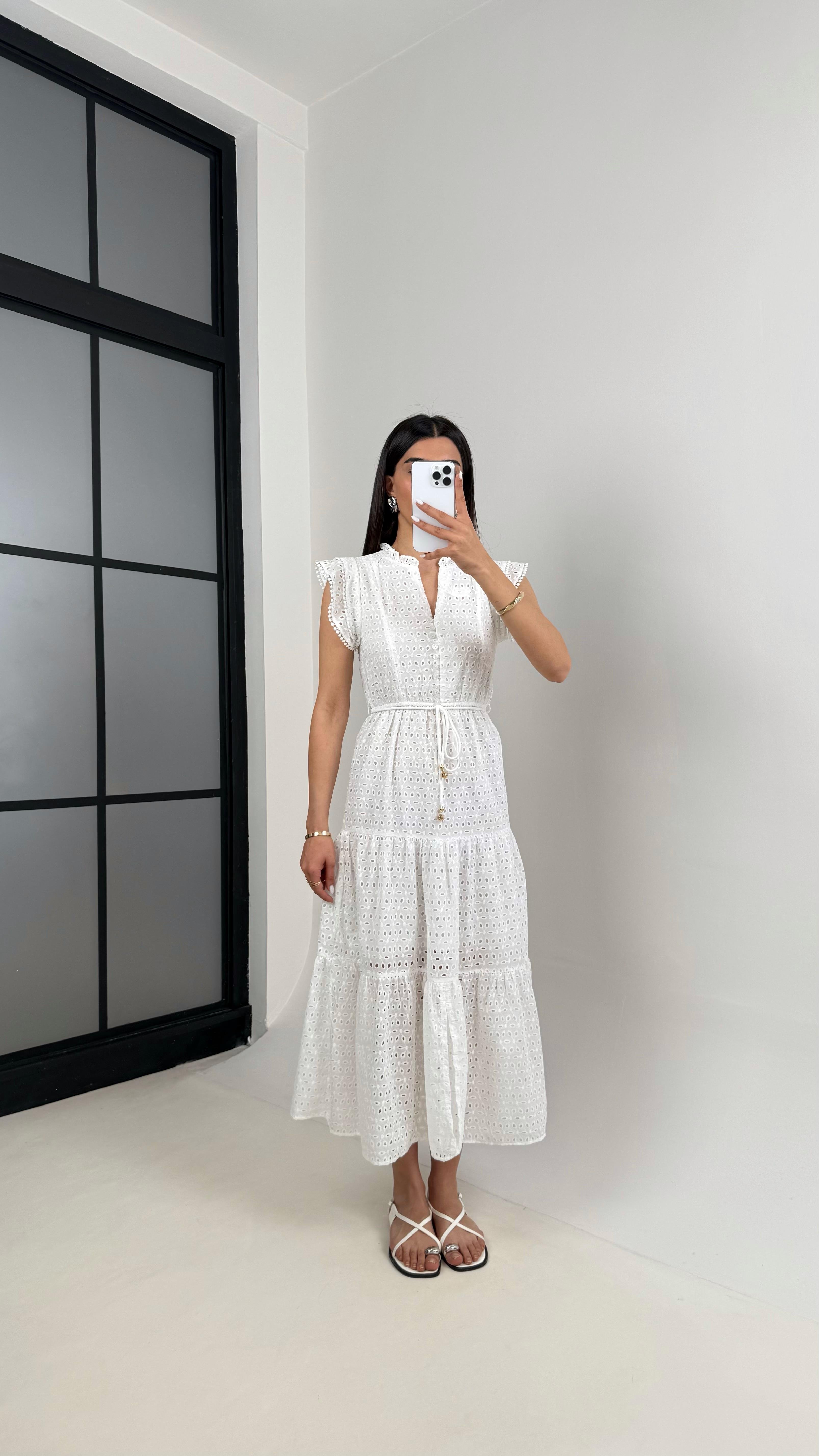 Beyaz V Yaka Astarlı Fistolu Elbise Gaus00406GausELBİSEGU1001947