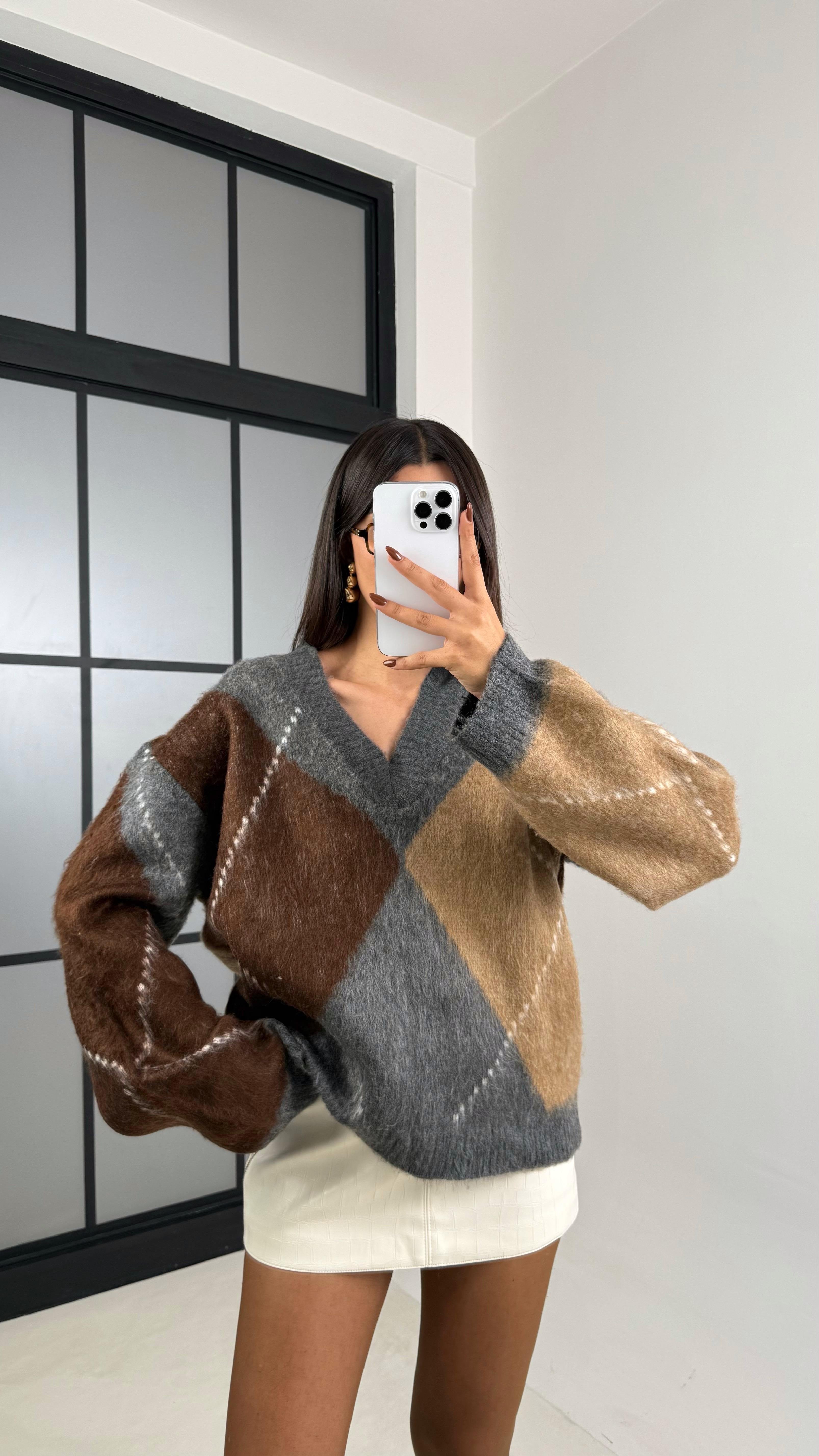 Gri Baklava Desenli Kazak GAUS-00201GAUS الكنزات GAUS-00201