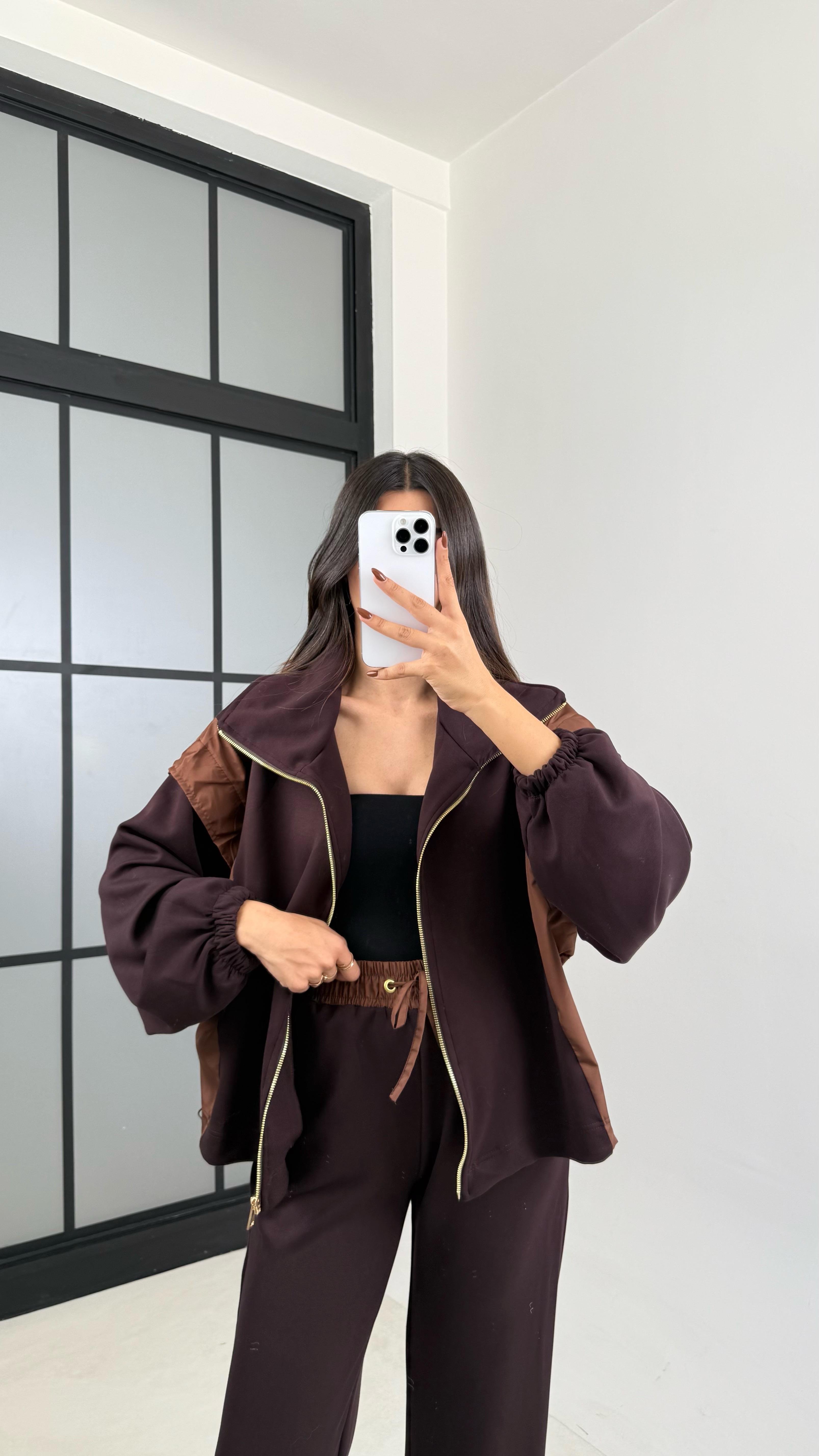 Kahve Paraşüt Kumaş Detaylı Hırka Pantolon İkili Modal Kumaş Takım GAUS-00209GAUSTAKIMGAUS-00209