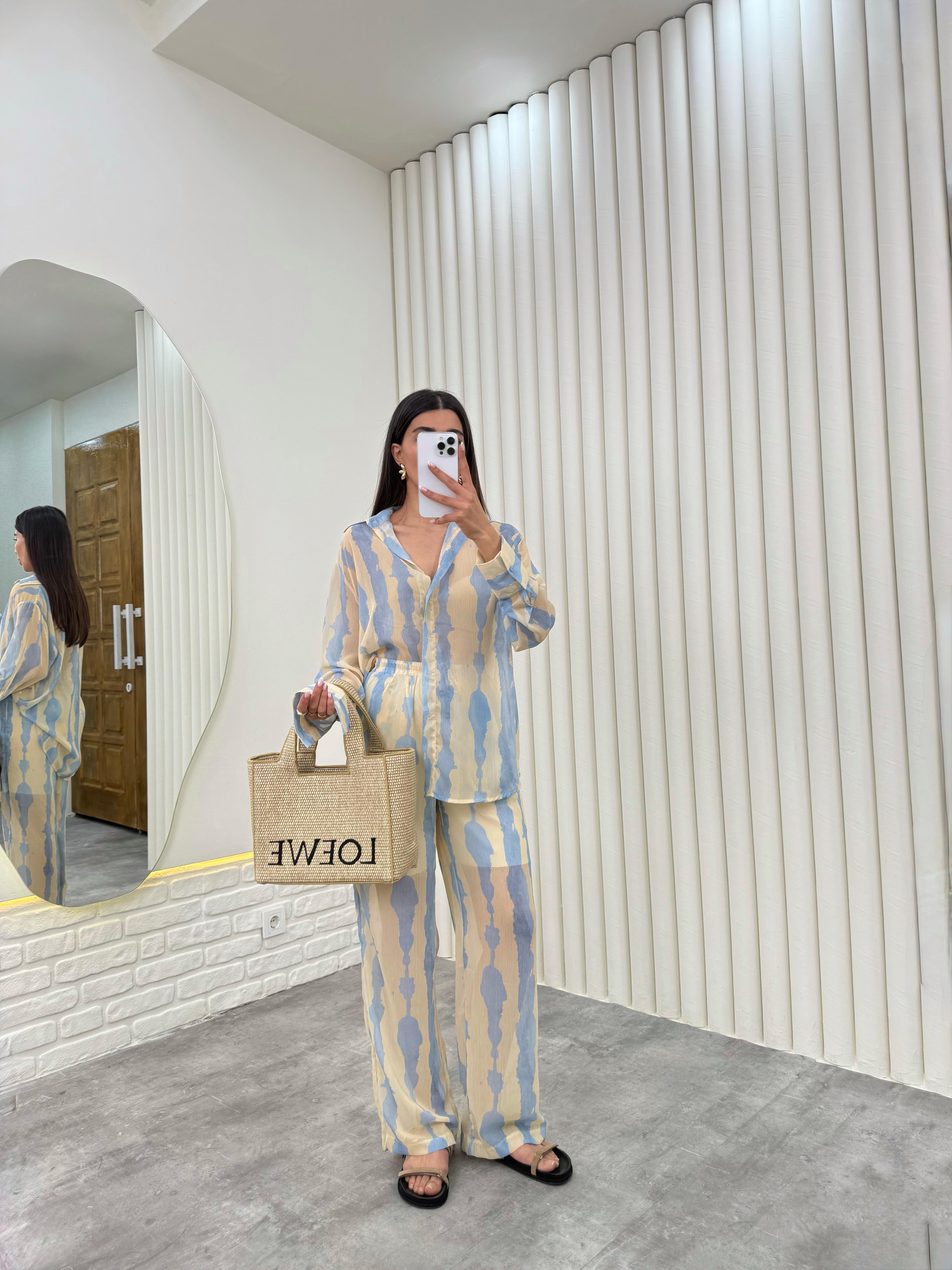 Mavi Yarım Astarlı Desenli Tül Takım Gaus00281GausTAKIMGU1001654