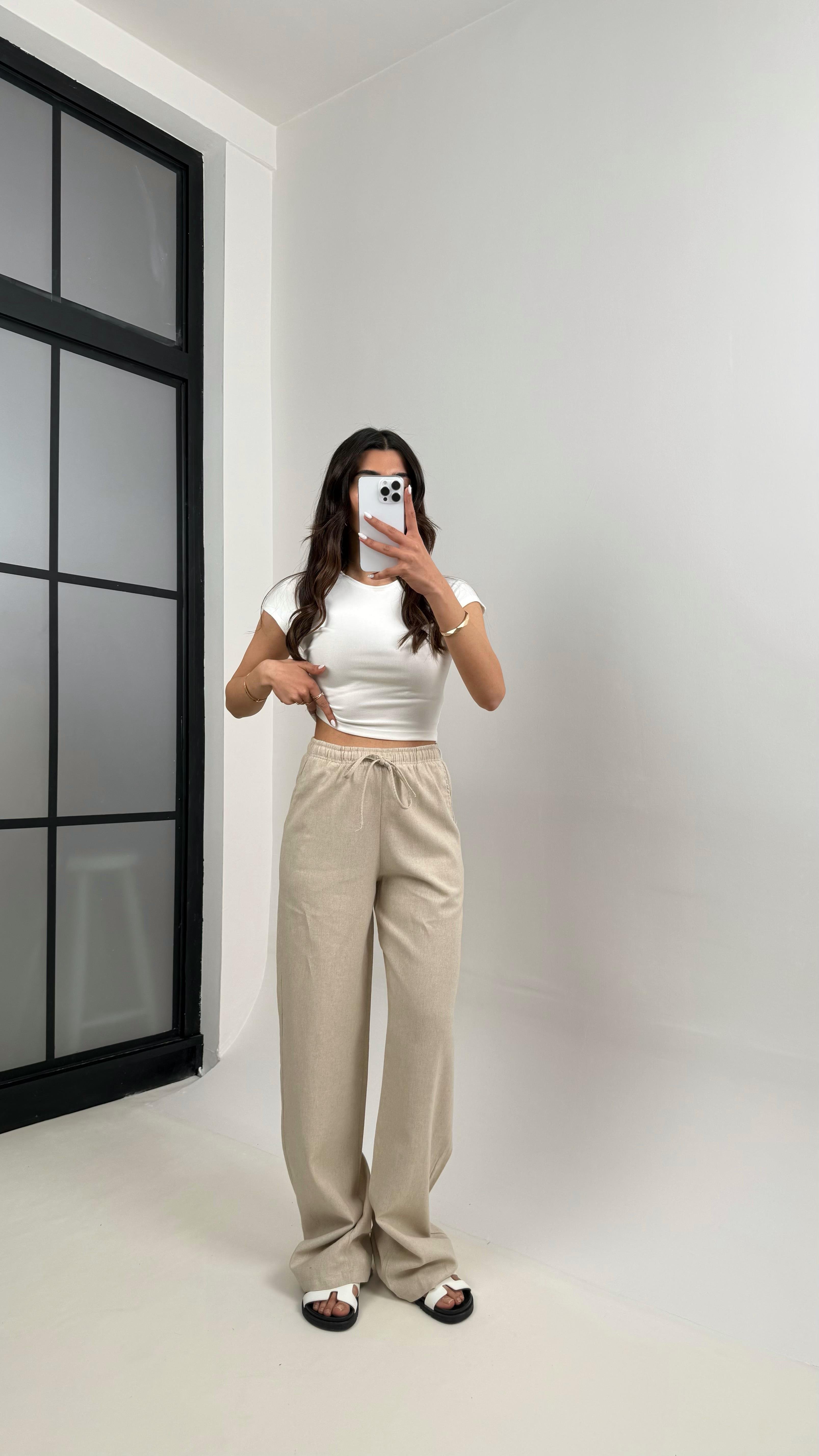 Taş Beli Lastikli Muadil Keten Pantolon Gaus00346GausPantsGU1001805