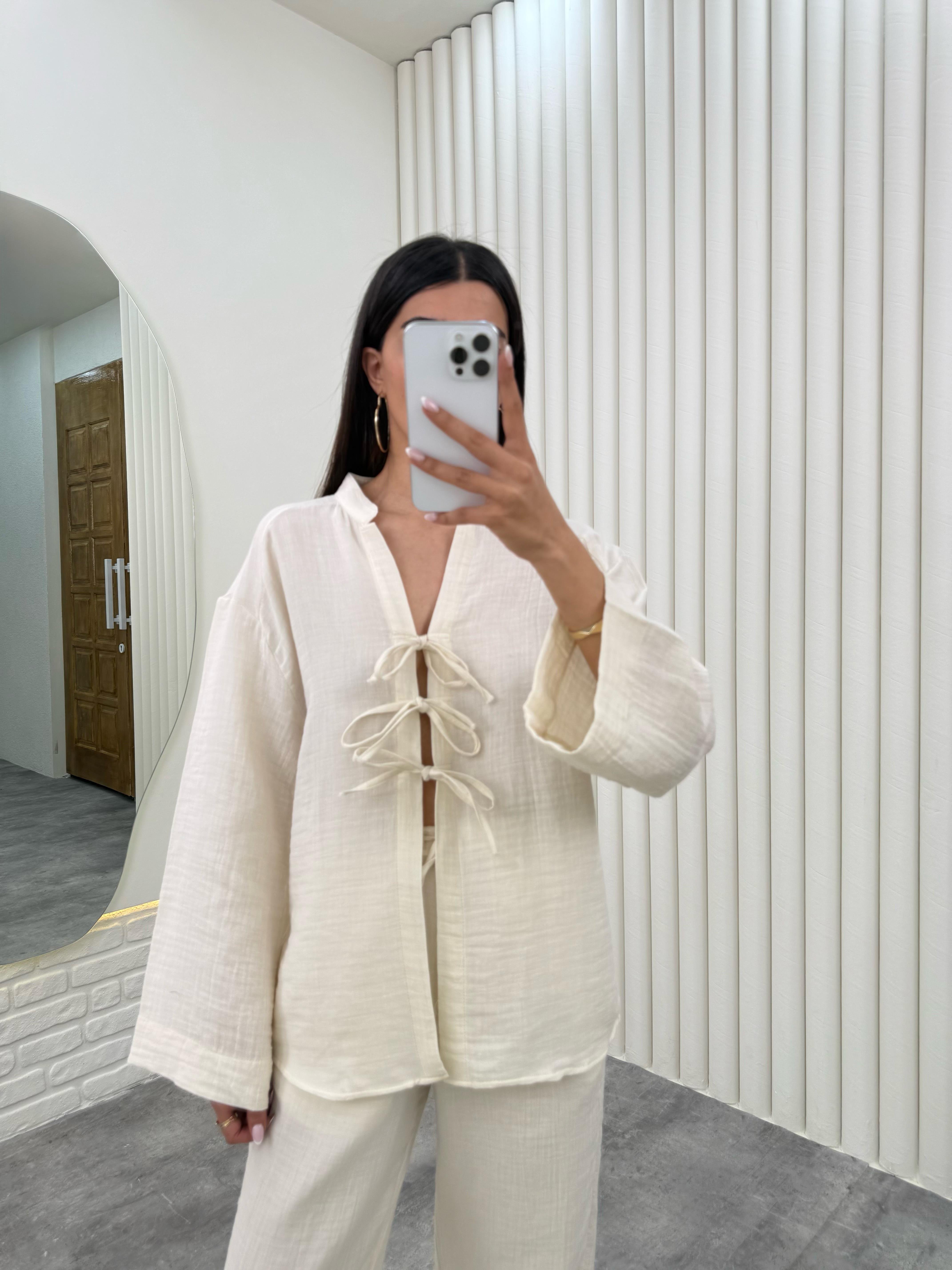 Ekru Önü Bağlamalı Beli Lastikli Müslin Kumaş Takım Gaus00282GausTAKIMGU1001656