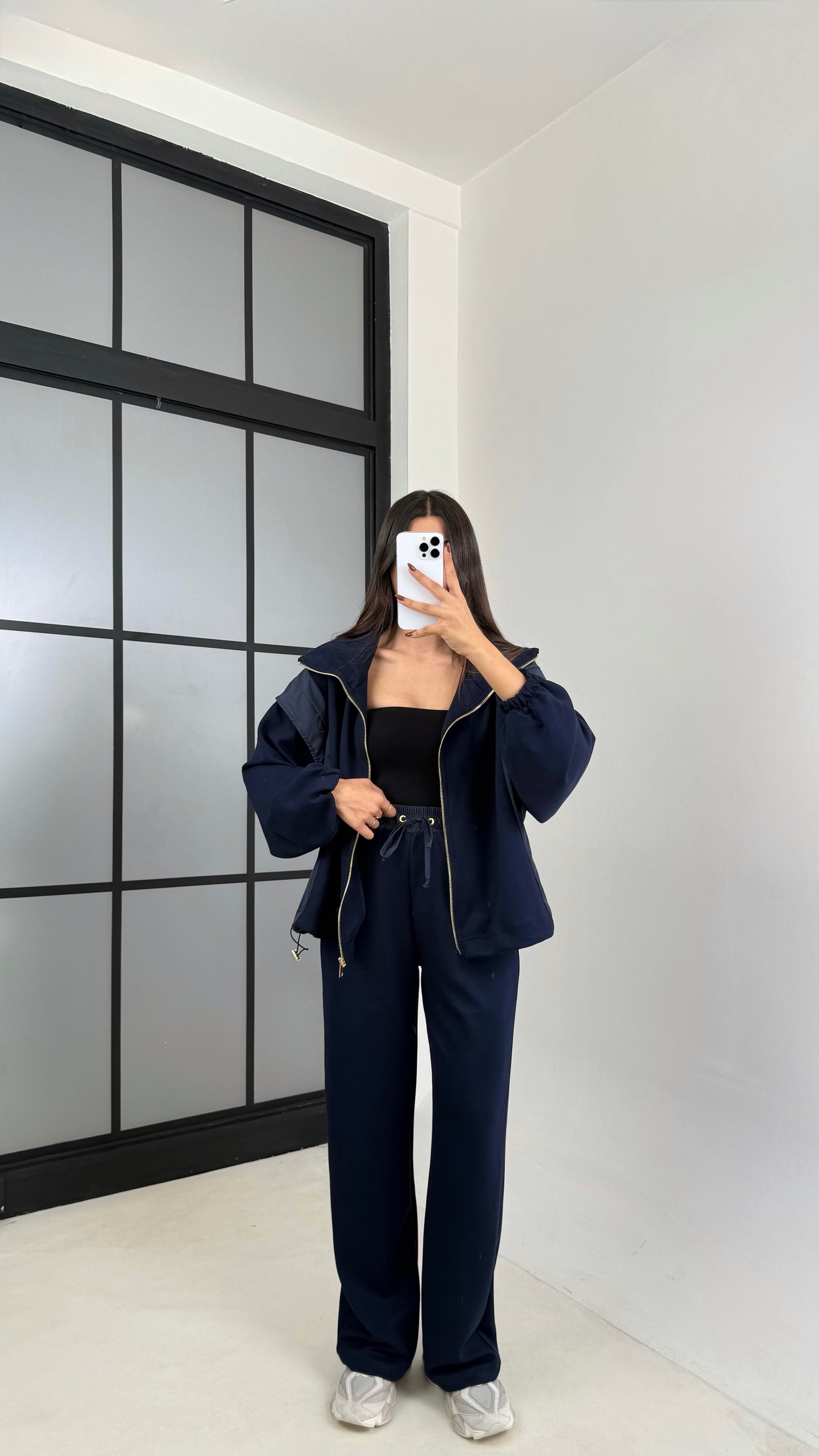 Lacivert Paraşüt Kumaş Detaylı Hırka Pantolon İkili Modal Kumaş Takım GAUS-00209GAUSTAKIMGAUS-00209