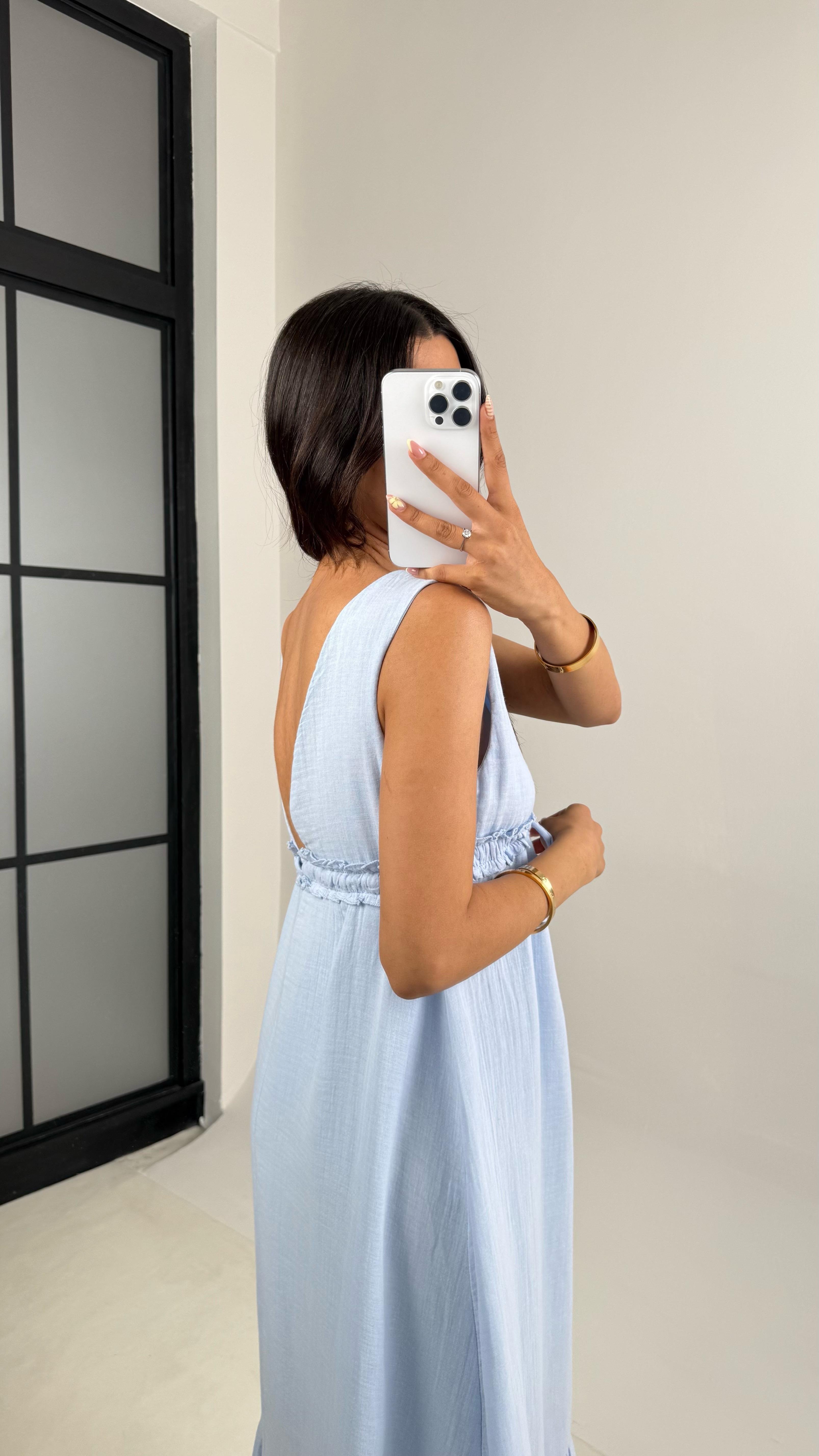 Mavi V Yaka Beli Ayarlanabilir Lastikli Astarlı Müslin Elbise Gaus00680GausELBİSEGU1002573