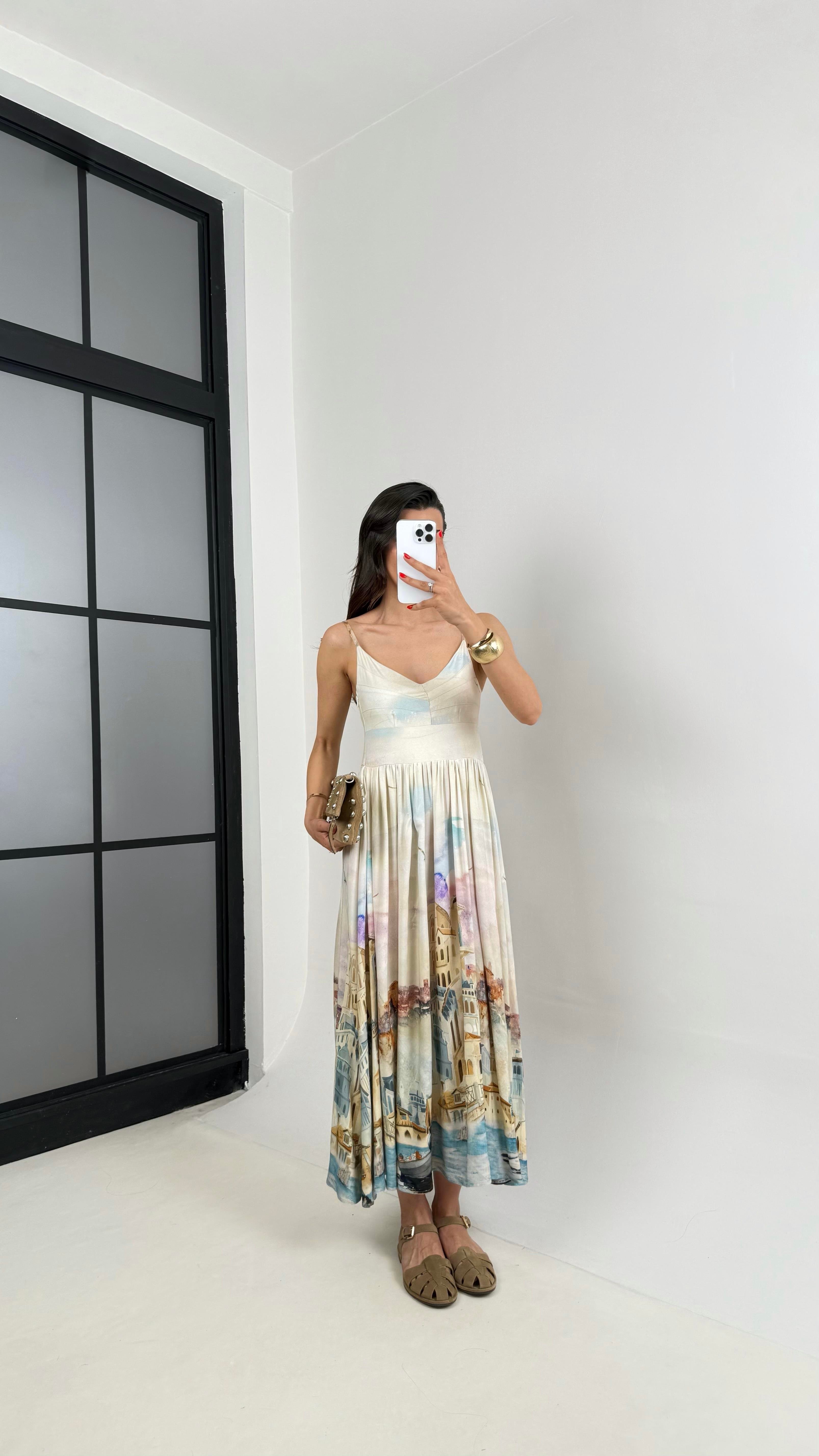 Taş Ayarlanabilir Askılı Desenli İthal Kumaş Tasarım Elbise Gaus00457GausELBİSEGU1002066