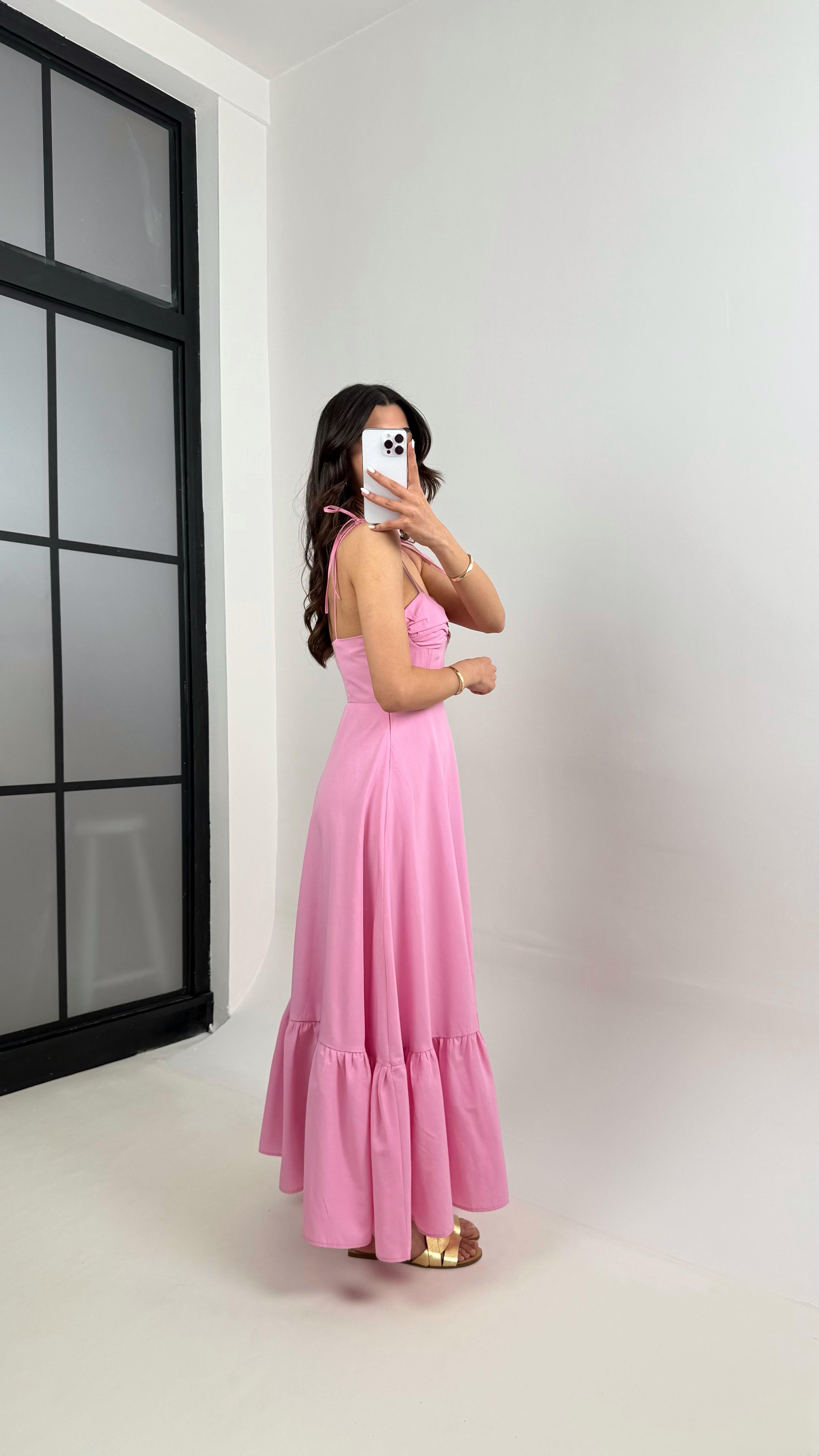 Pembe Ayarlanabilir Askılı Astarlı Altı Fırfır Detaylı Pinterest Elbise Gaus00340GausELBİSEGU1001794