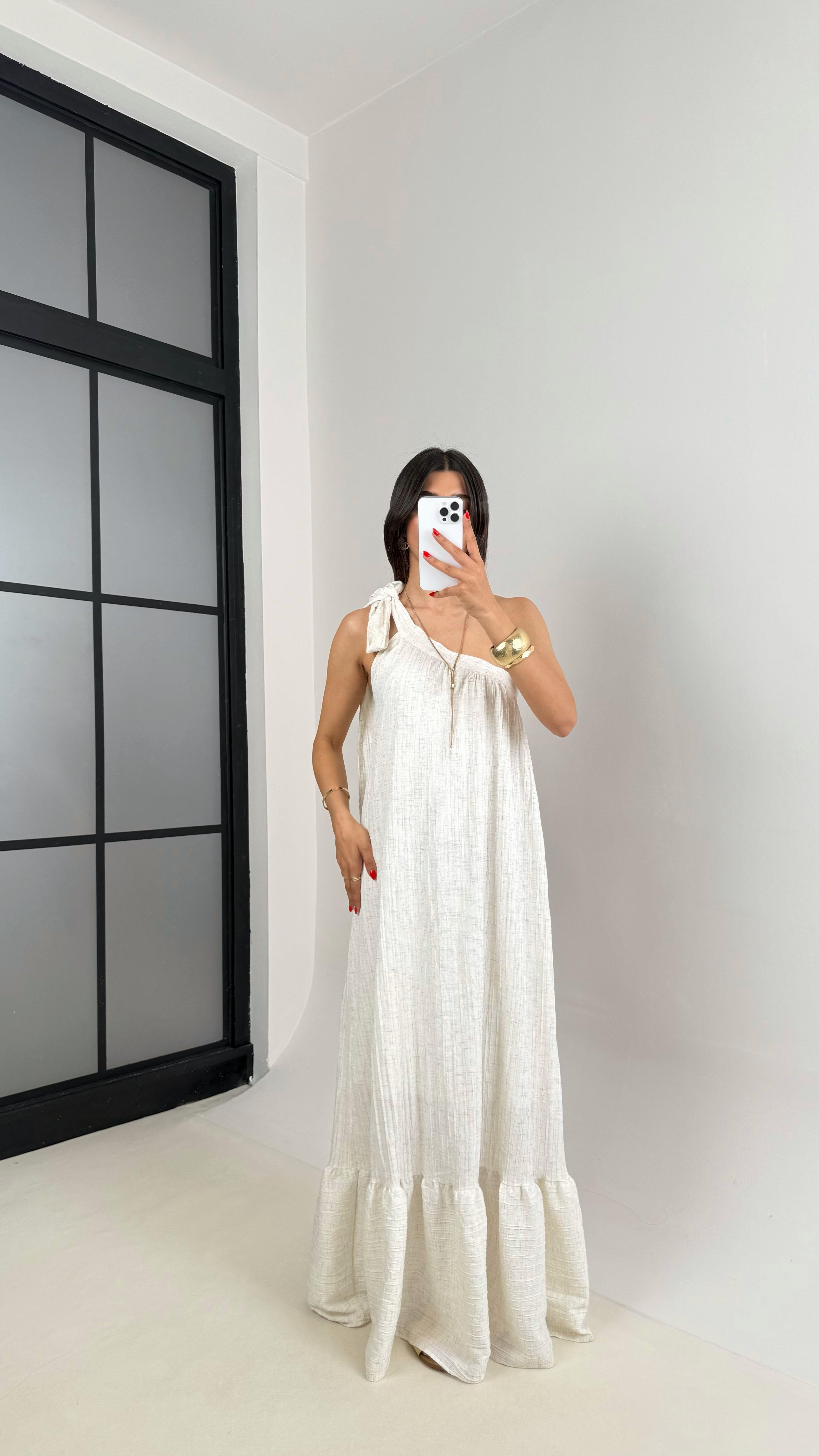 Taş Tek Omuz Astarlı Gofre Kumaş Elbise Gaus00497 GausELBİSEGU1002164