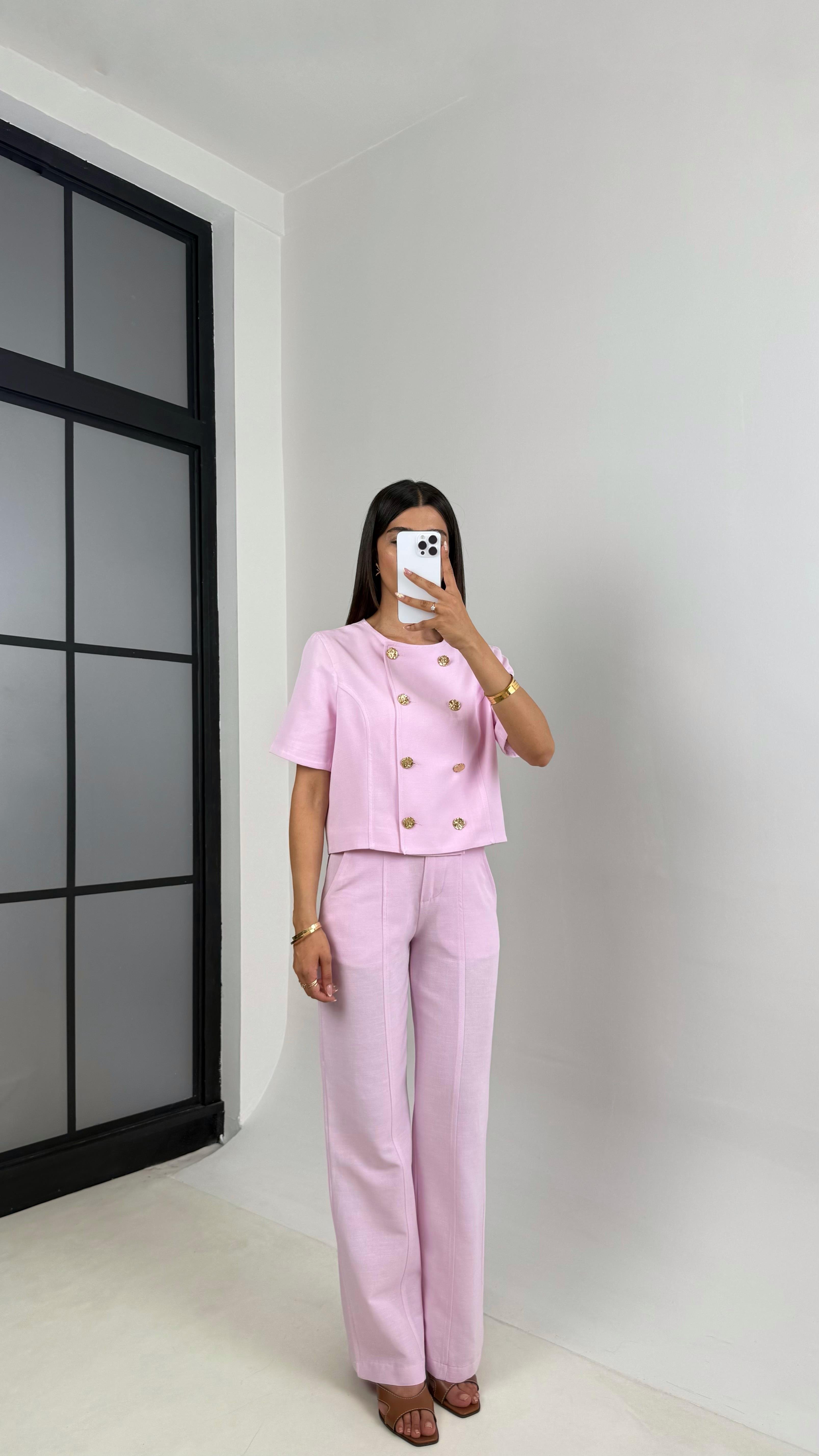 Pembe Önü Düğmeli Astarlı Yelek Cepli Pantolon İkili Keten Takım Gaus00670GausTAKIMGU1002547