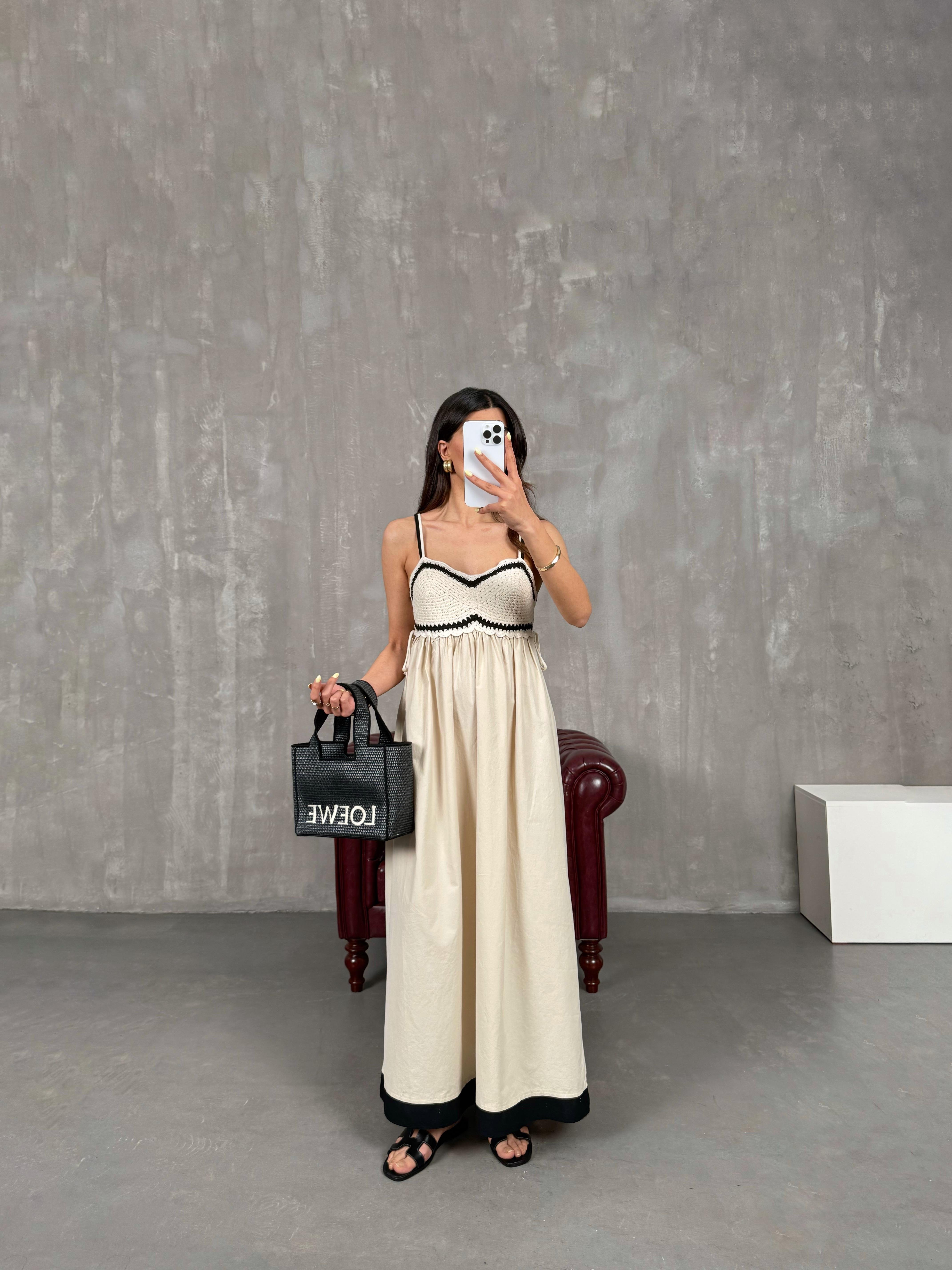 Krem Örgü Detaylı Askılı Elbise Gaus00136GausELBİSEGU1001311