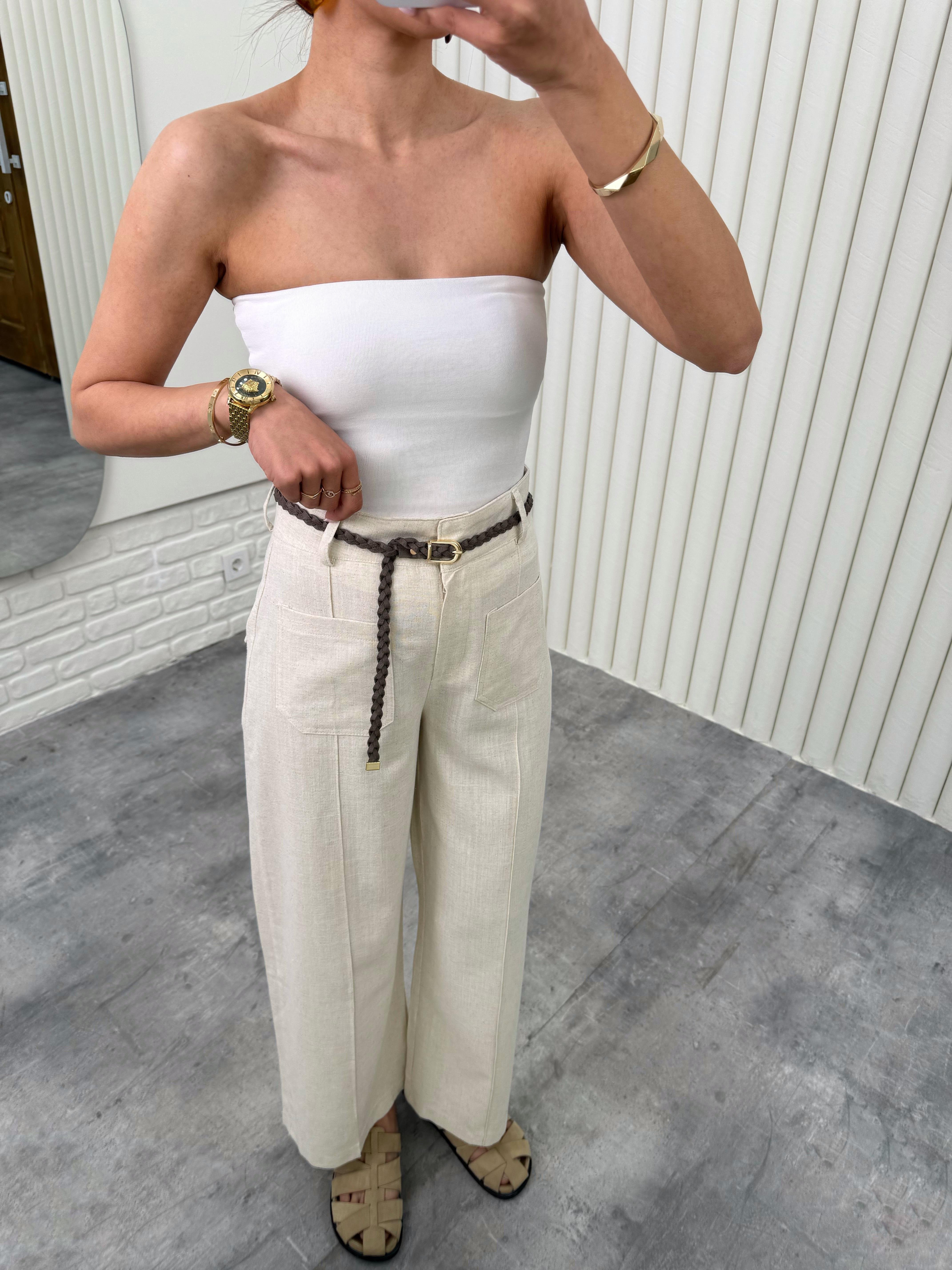 Taş Örgü Kemerli Cepli Keten Pantolon Gaus00332GausPANTOLONGU1001770