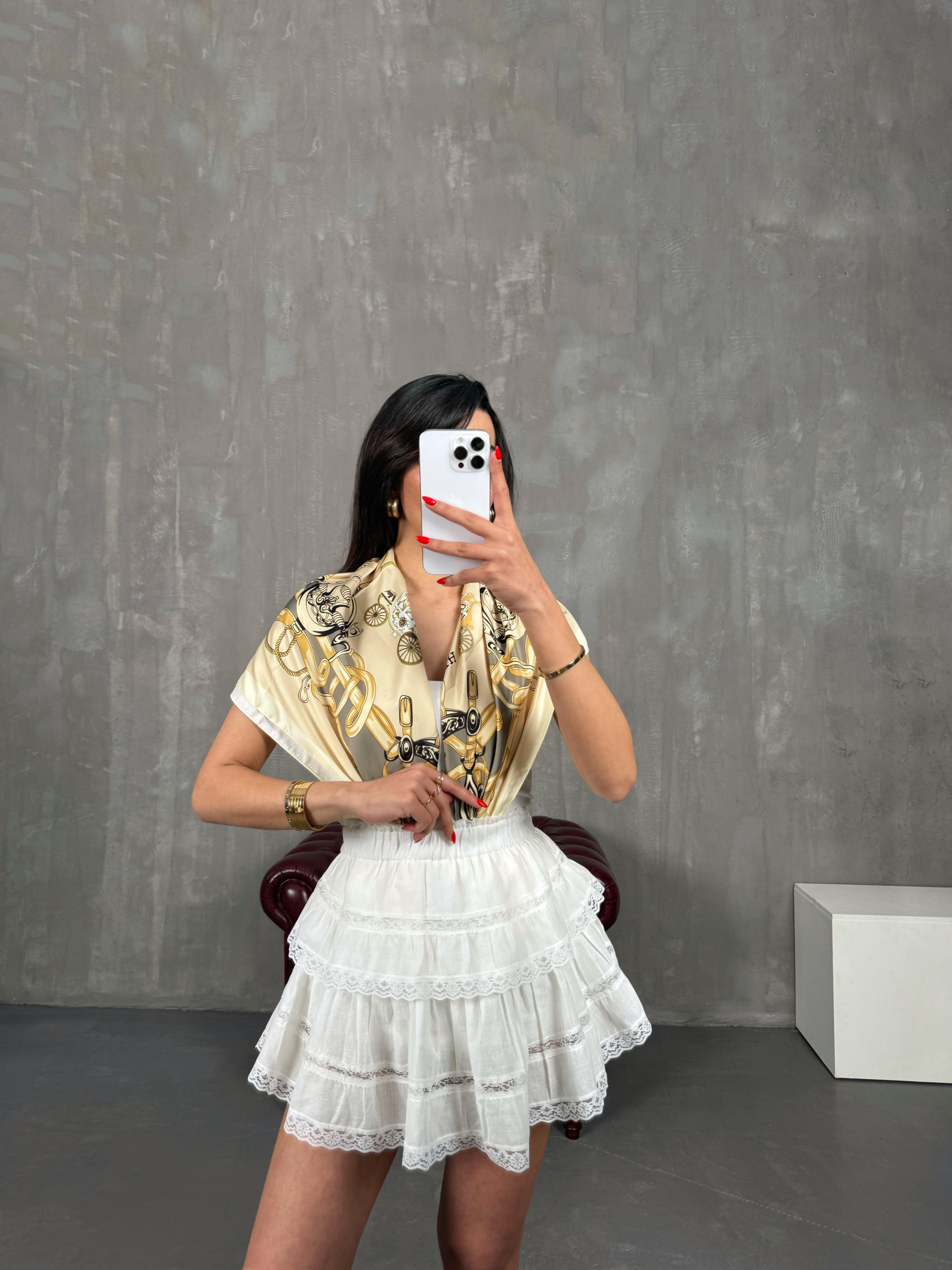 Beyaz Dantel Detaylı Astarlı Keten Etek Gaus00219GausETEKGU1001503