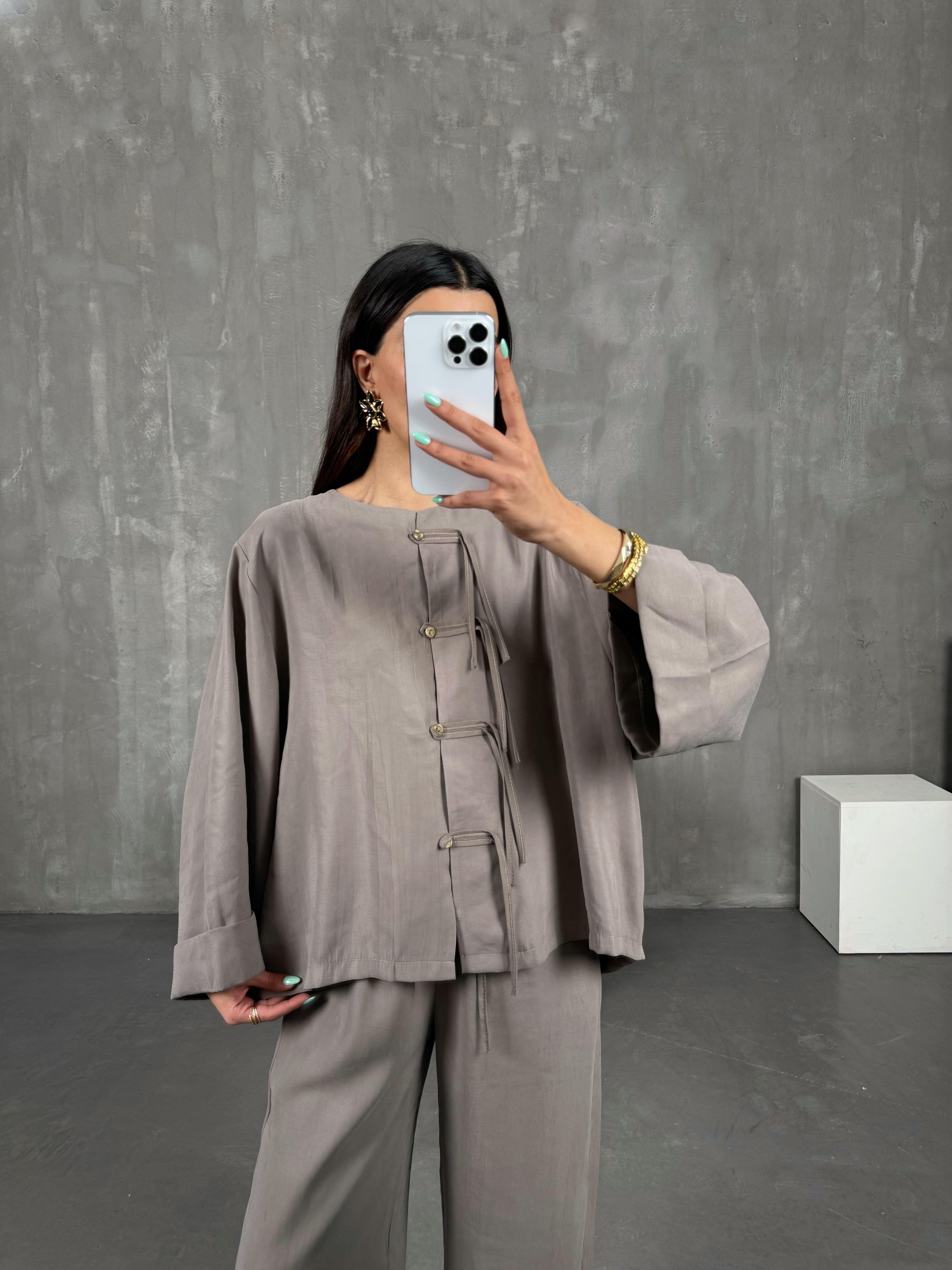 Vizon Yaka Düğmeli Gömlek Beli Lastikli Pantolon Tensel Takım Gaus00238GausTAKIMGU1001552