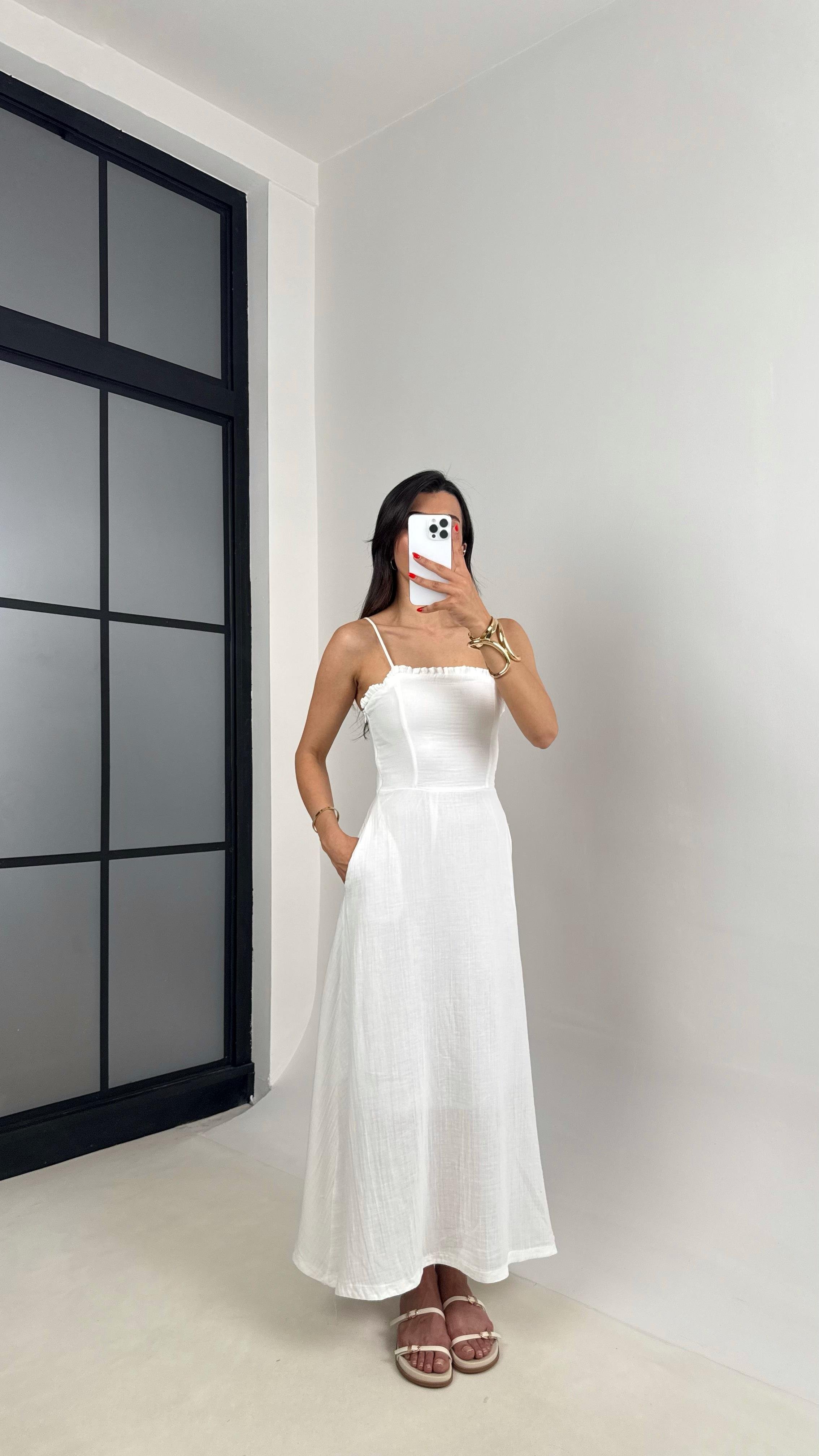 Beyaz Ayarlanabilir Askılı Cepli Astarlı Müslin Elbise Gaus00519GausELBİSEGU1002215