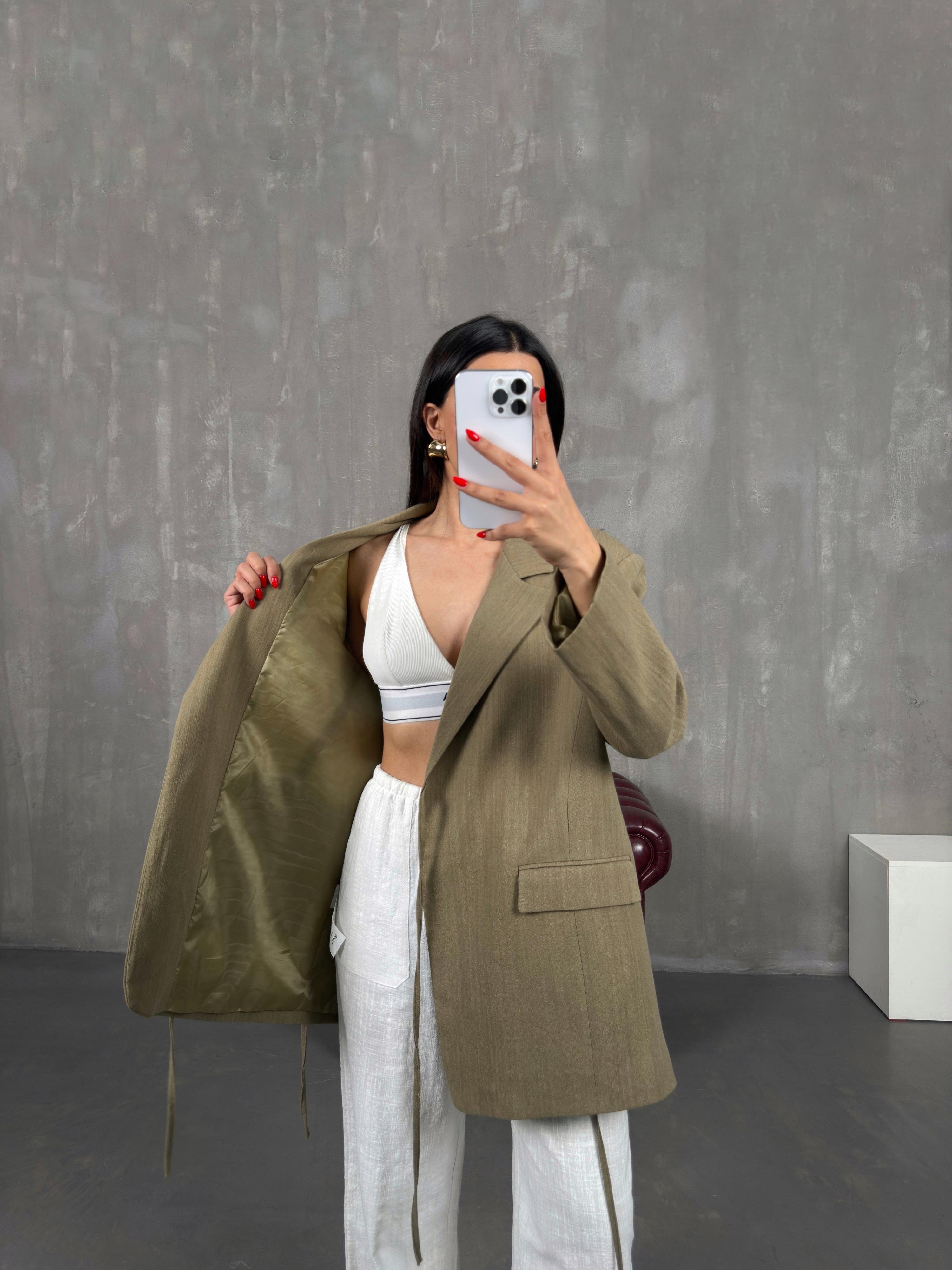 Haki Astarlı Bağlamalı Keten Ceket Gaus00160GausCEKETGU1001369