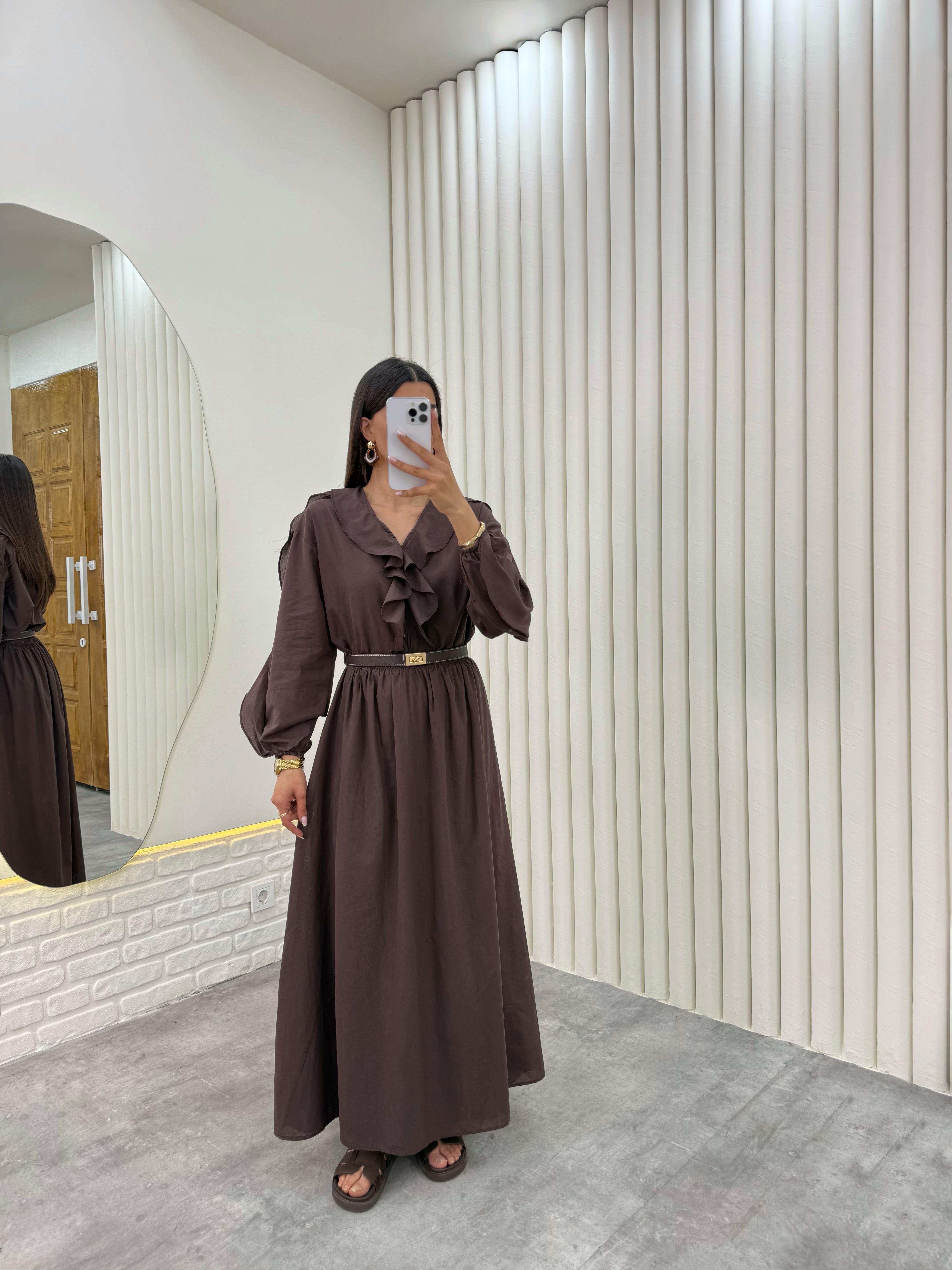 Acı Kahve  Önü Düğmeli Fırfırlı Üst Beli Lastikli Astarlı Etek Vual İkili Takım Gaus00321GausTAKIMGU1001744