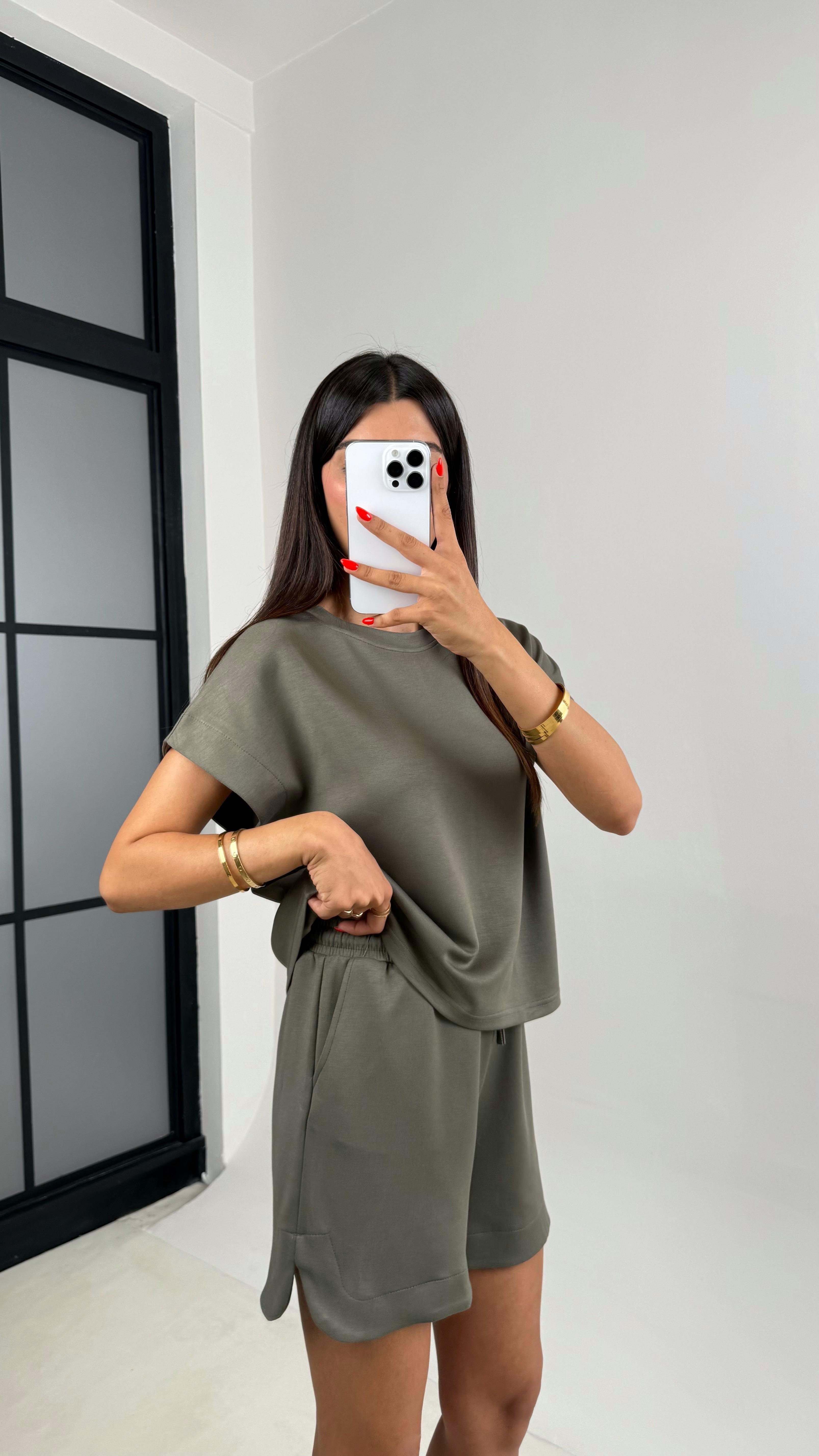 Haki Tshirt Şort İkili Modal Kumaş Takım Gaus00691GausTAKIMGU1002602