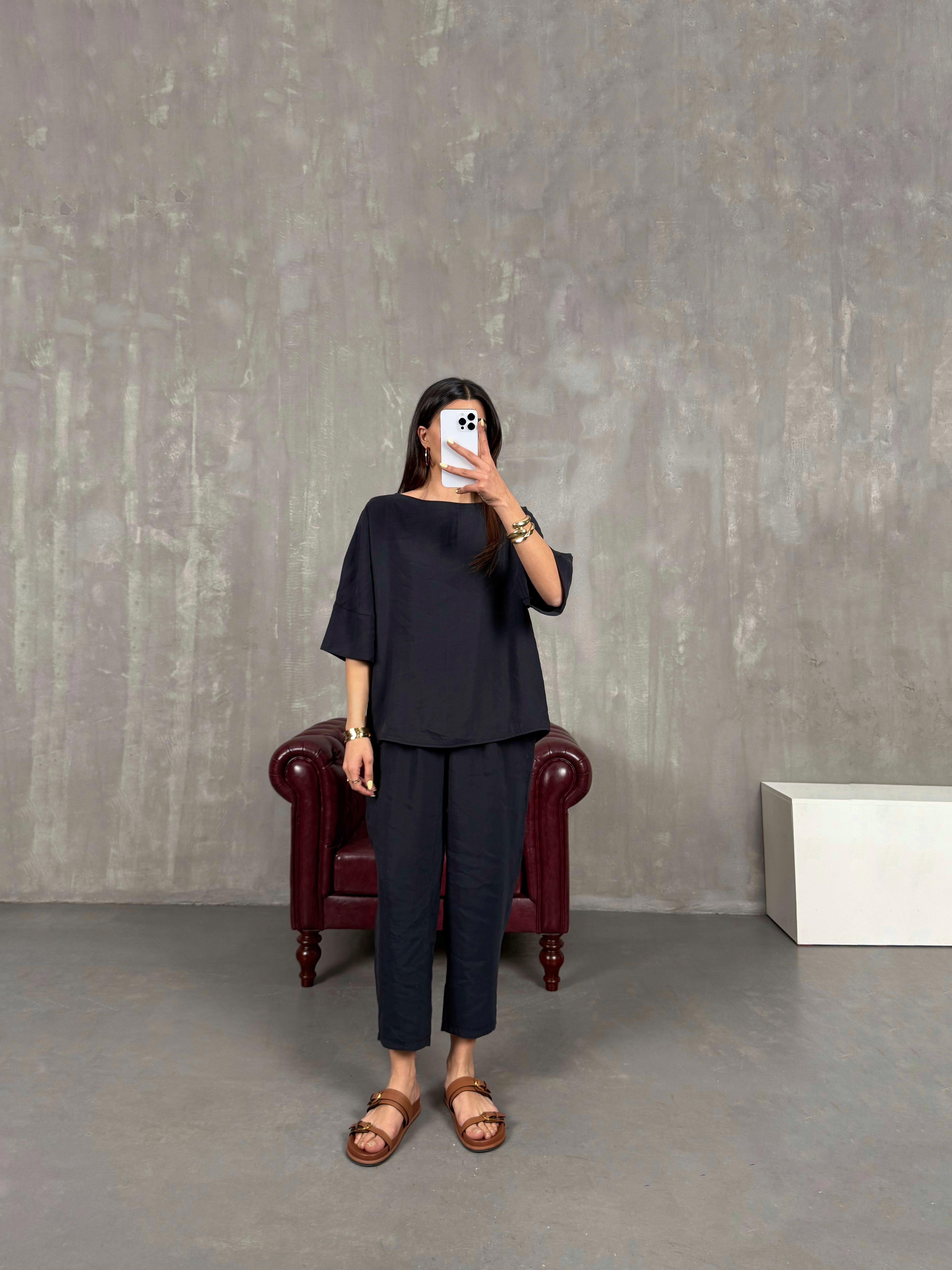 Siyah Bisiklet Yaka Kırışık Tensel Takım Gaus00132GausTAKIMGU1001298