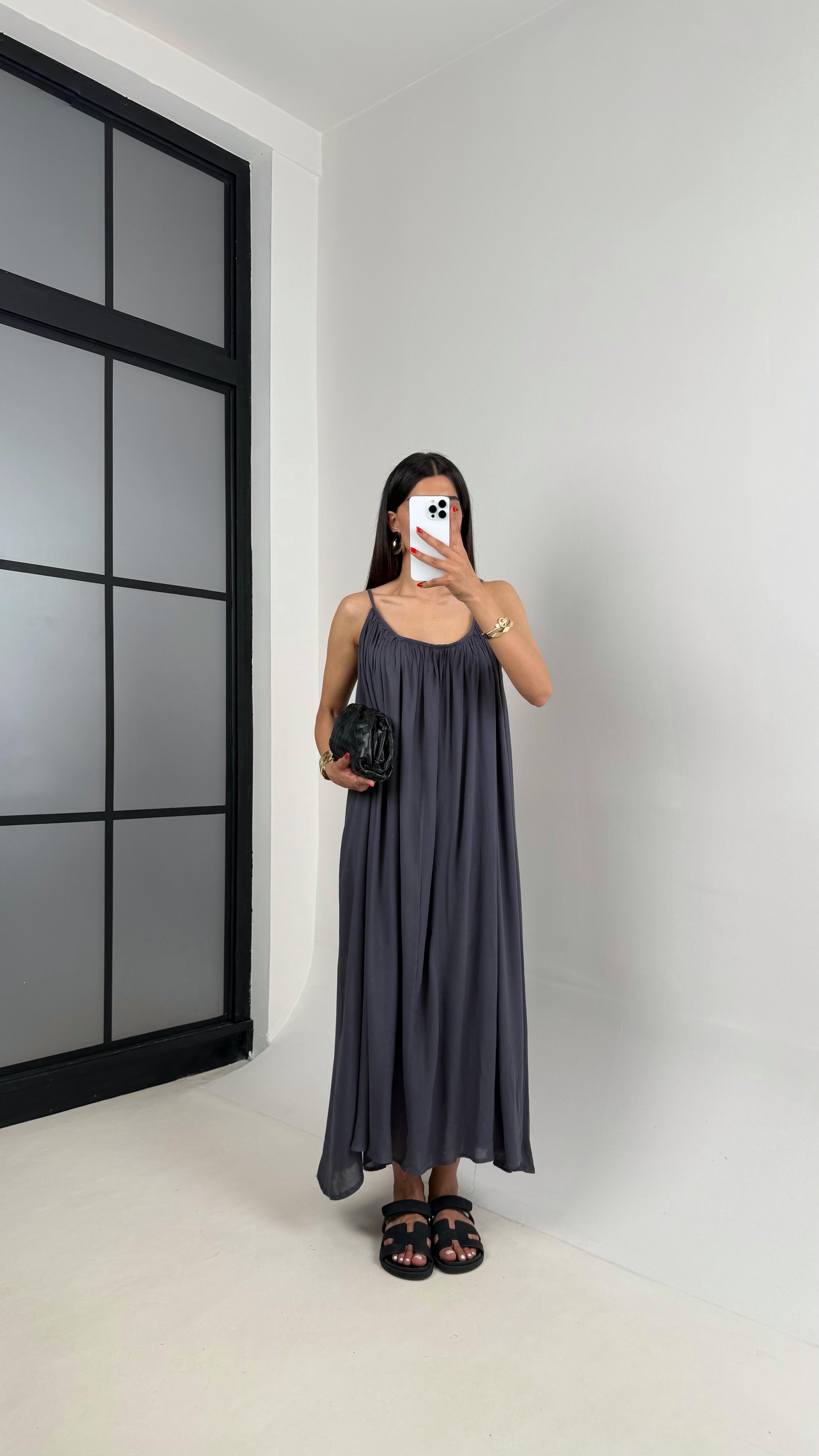 Antrasit Ayarlanabilir Askılı MD Muadil Astarlı Keten Elbise Gaus00474GausELBİSEGU1002109