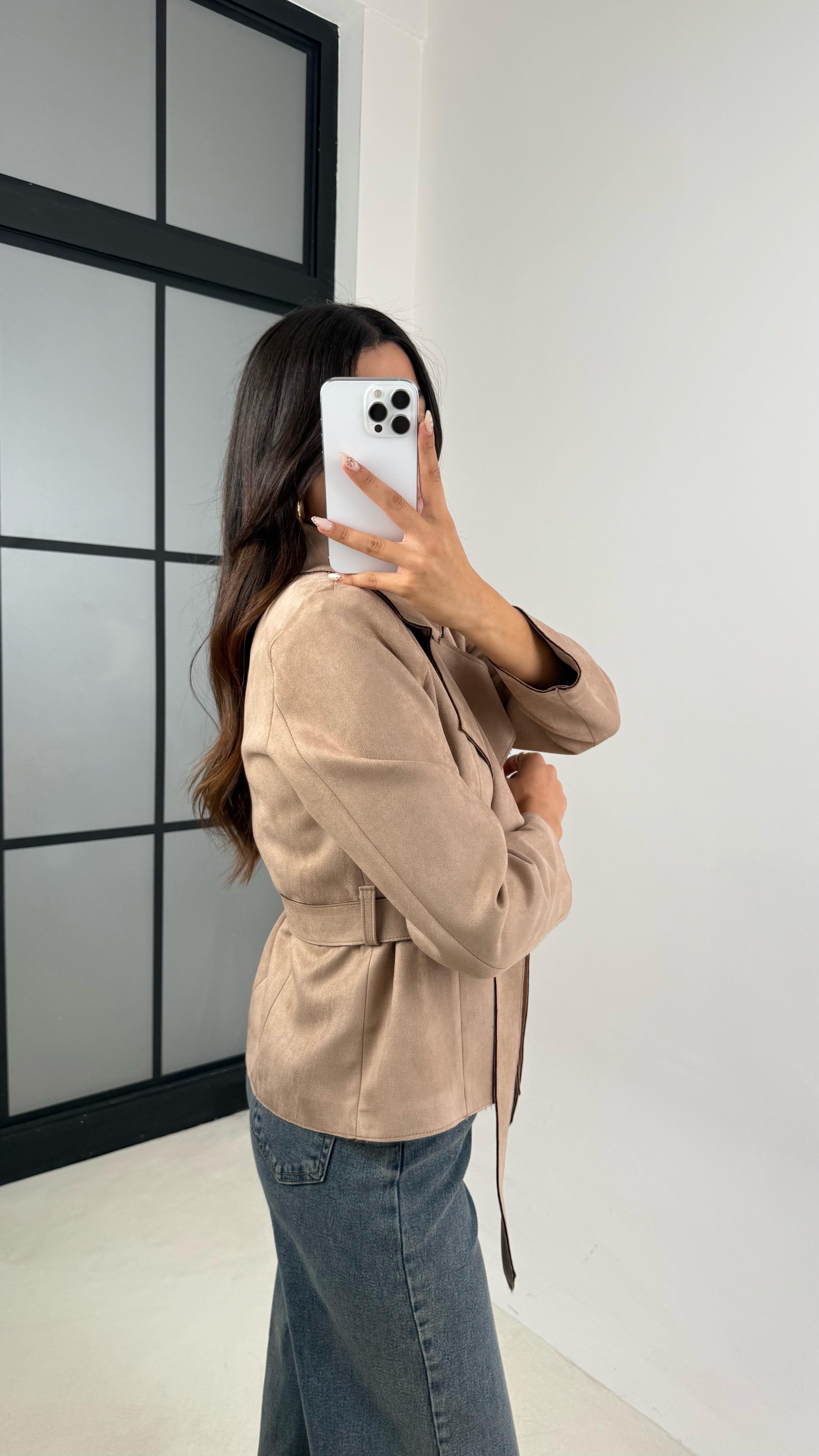 Vizon Vatkalı Kuşaklı Süet Ceket GAUS-00130GAUS السترات  GAUS-00130