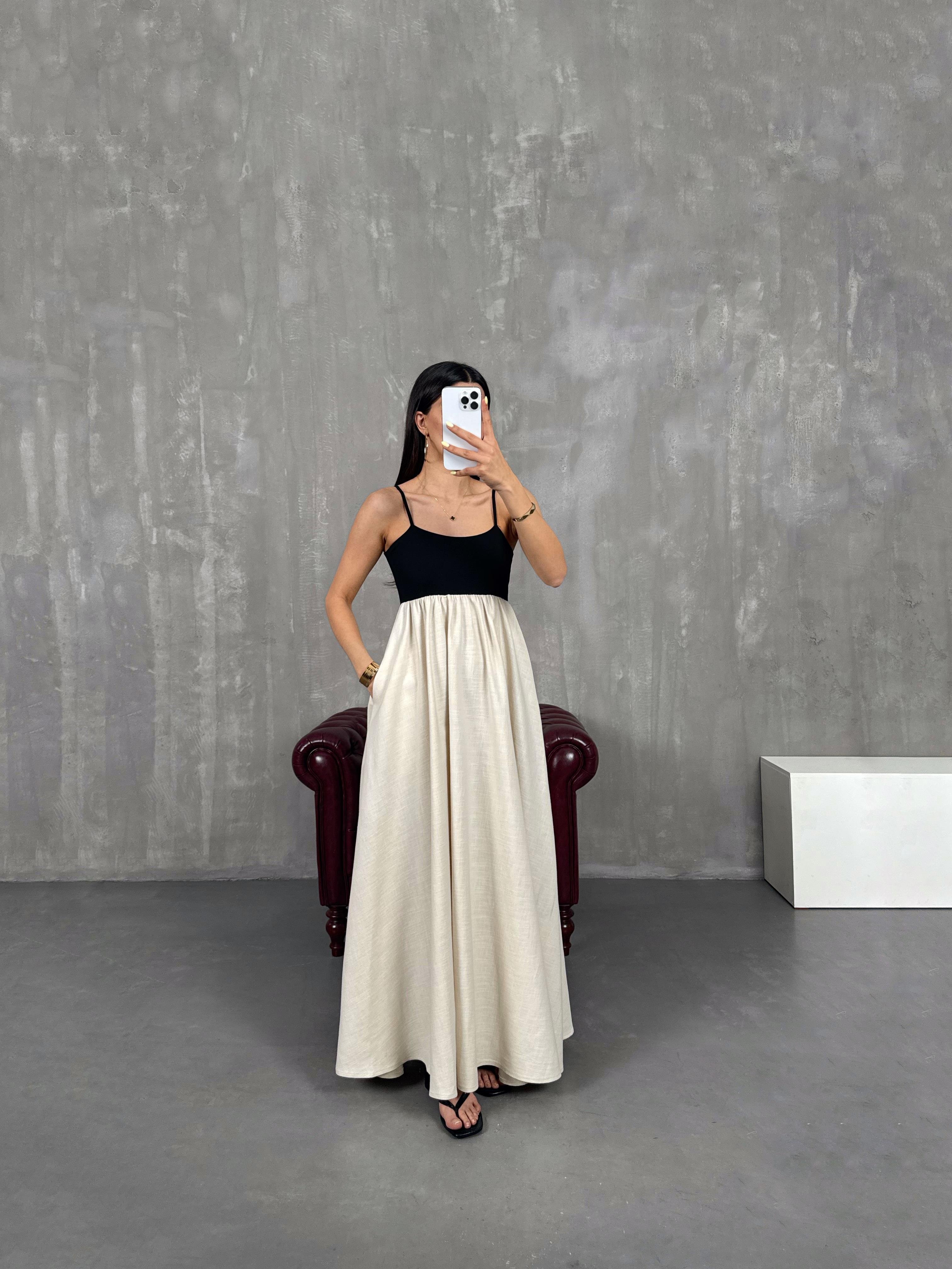 Siyah Taş Renk Bloklu Ayarlanabilir Askılı Elbise Gaus00127GausELBİSEGU1001287