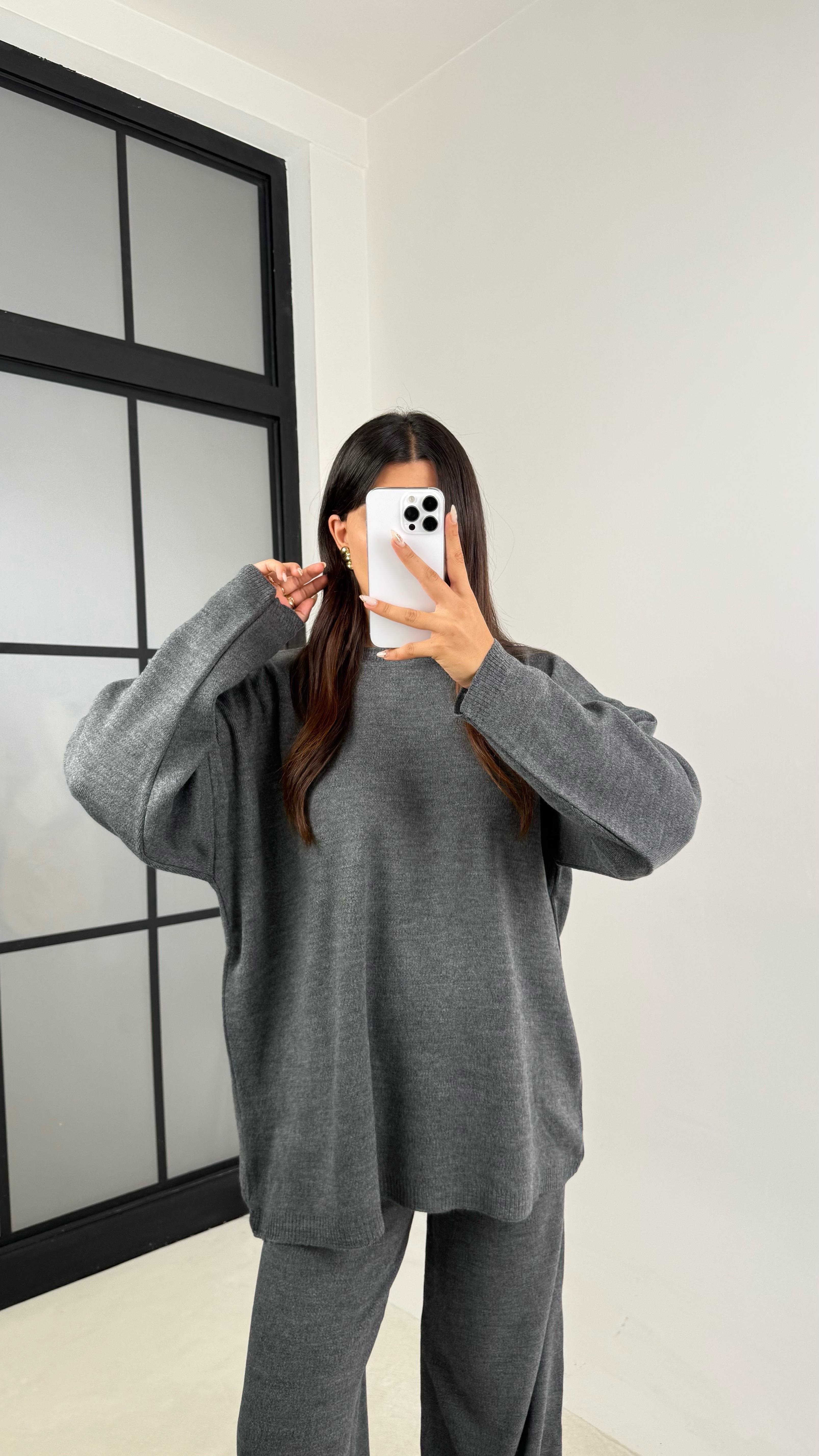 Antrasit Uzun Kol Kazak Beli Lastikli Pantalon İkili Triko Takım GAUS-00103GAUSTAKIMGAUS-00103