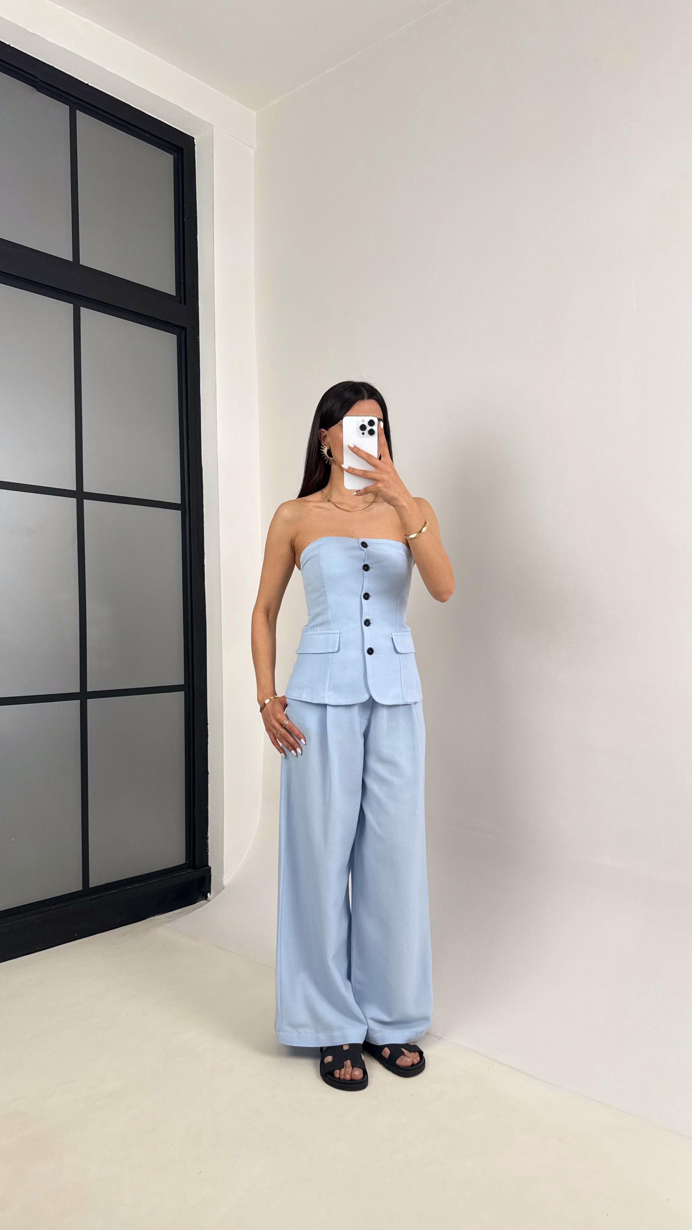 Mavi Straplez Düğmeli Üst Cepli Pantolon İkili Keten Tasarım Takım Gaus00440GausTAKIMGU1002018