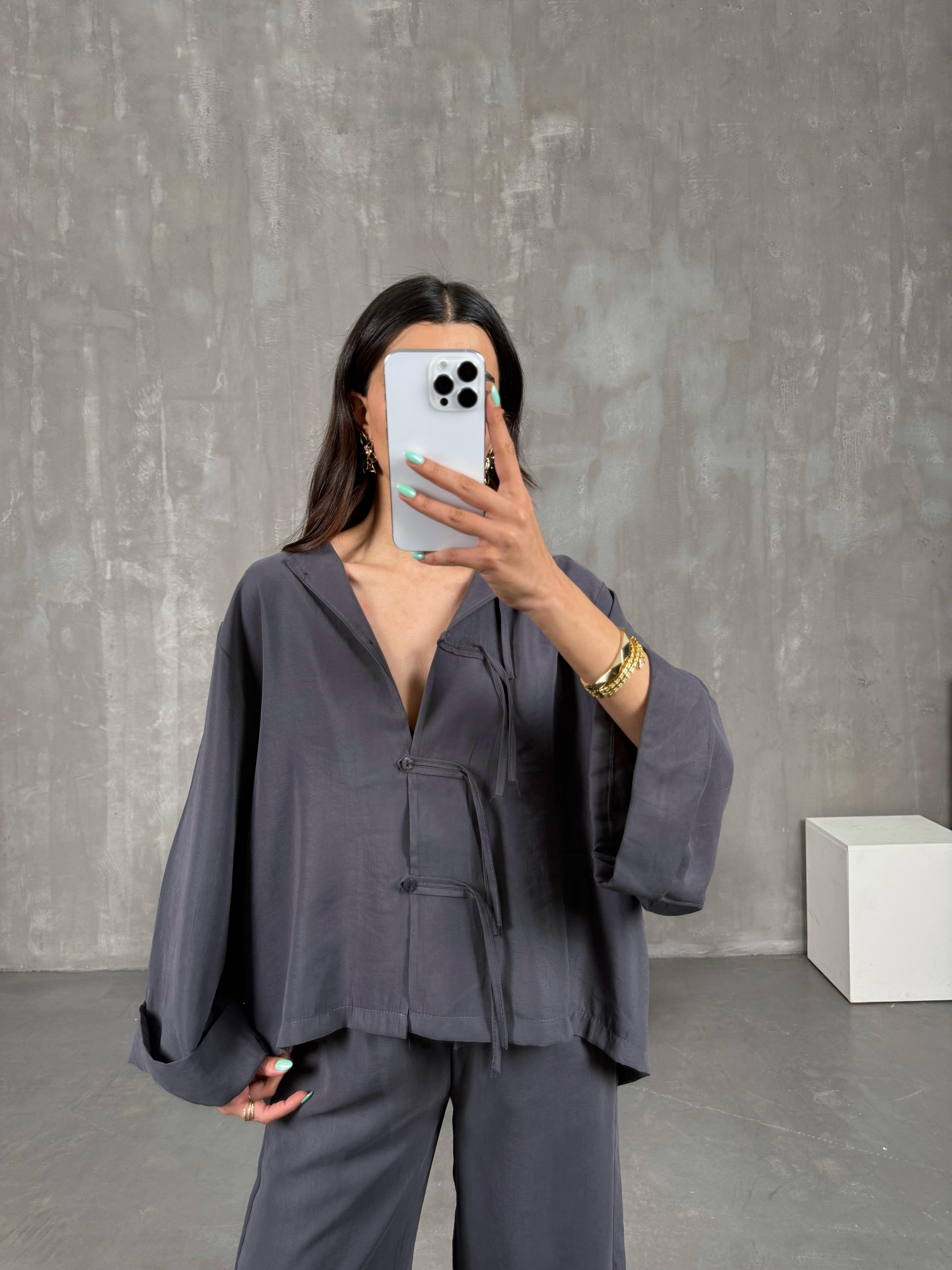 Antrasit Yaka Düğmeli Gömlek Beli Lastikli Pantolon Tensel Takım Gaus00238GausTAKIMGU1001554