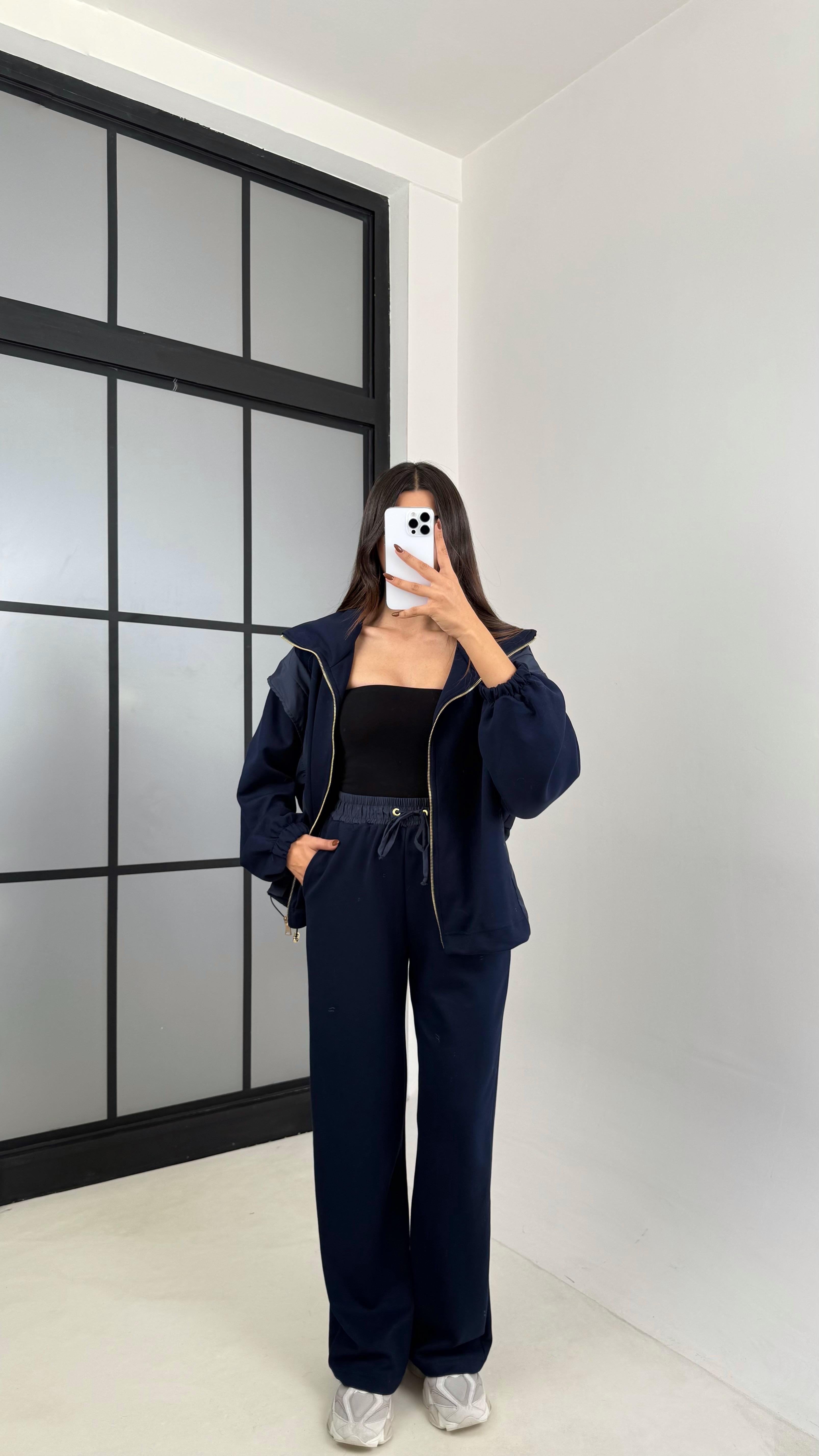 Lacivert Paraşüt Kumaş Detaylı Hırka Pantolon İkili Modal Kumaş Takım GAUS-00209GAUSTAKIMGAUS-00209