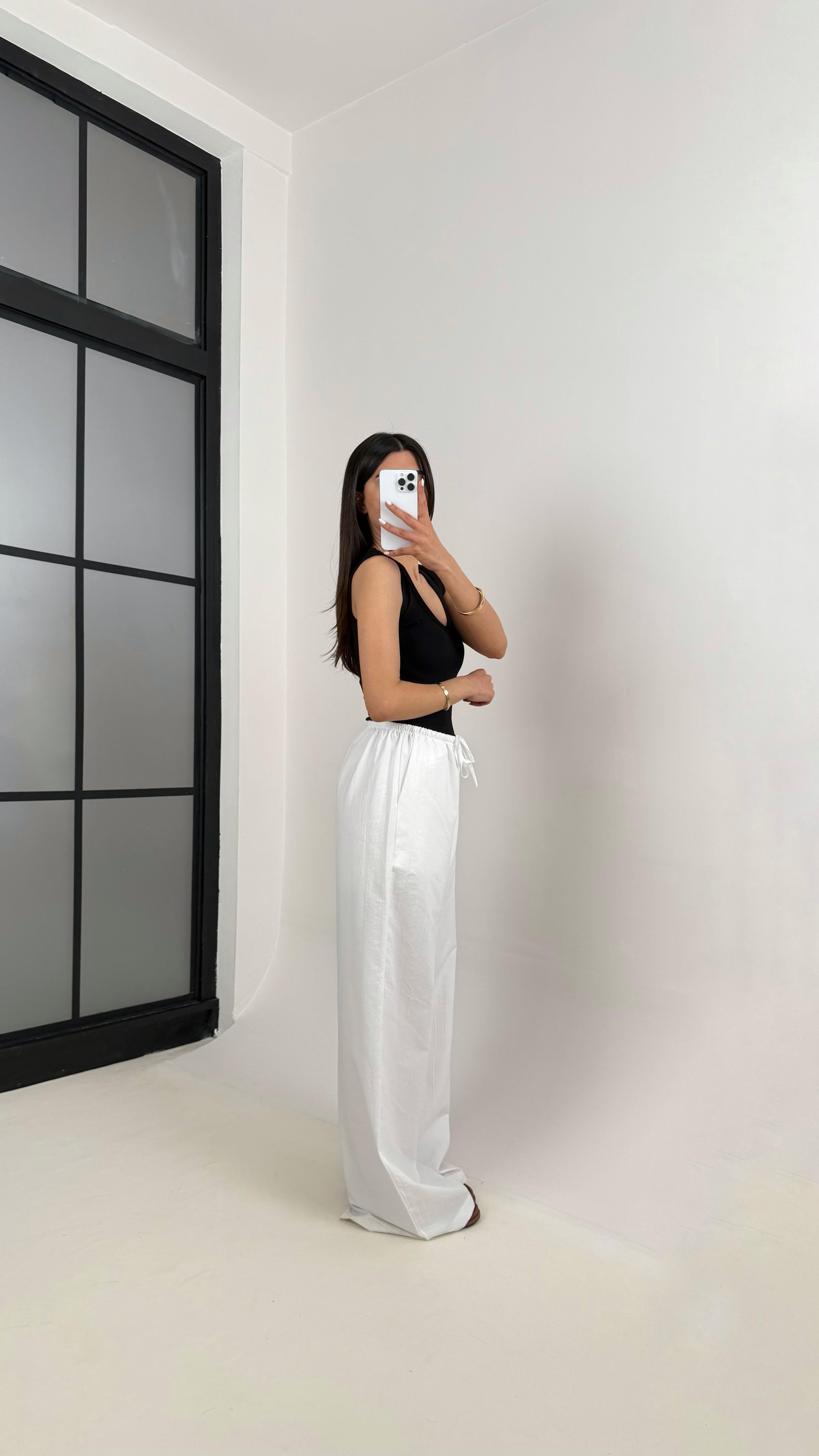 Beyaz Beli Lastikli Yarım Astarlı  Salaş Pantolon Gaus00363GausPANTOLONGU1001842