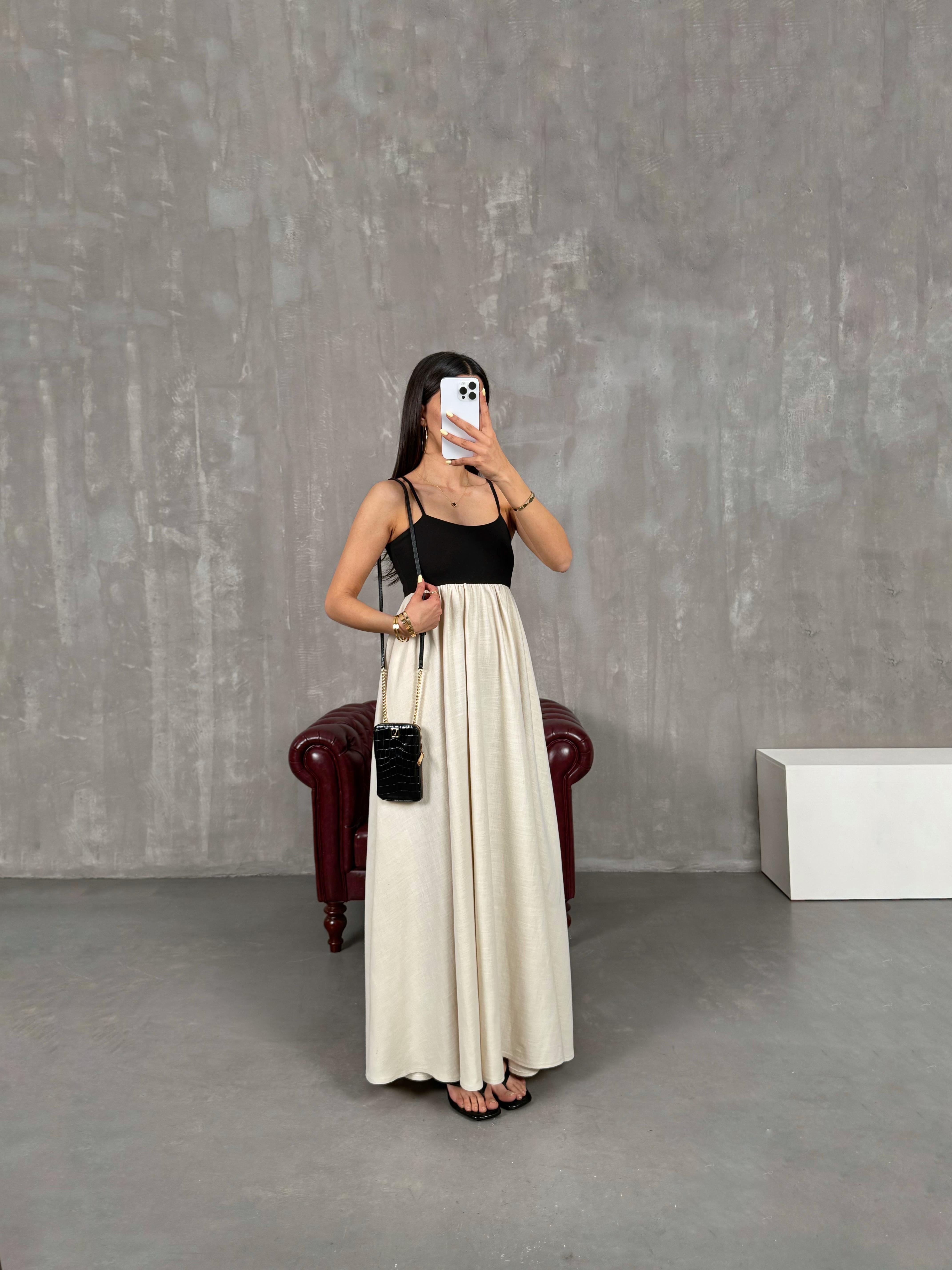 Siyah Taş Renk Bloklu Ayarlanabilir Askılı Elbise Gaus00127GausELBİSEGU1001287