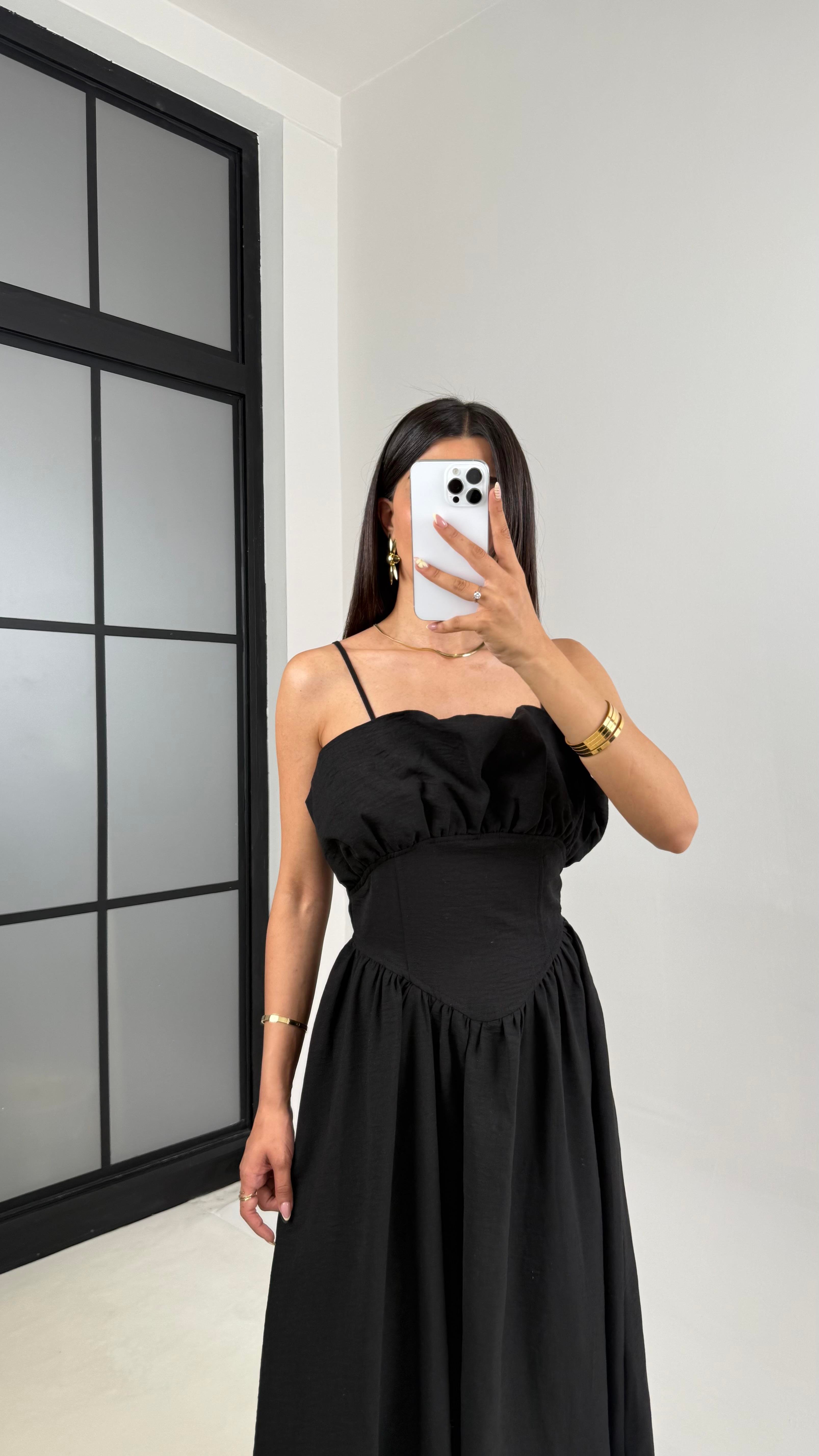 Siyah Ayarlanabilir Askılı Korse Detaylı Astarlı Keten Elbise Gaus00640GausELBİSEGU1002490