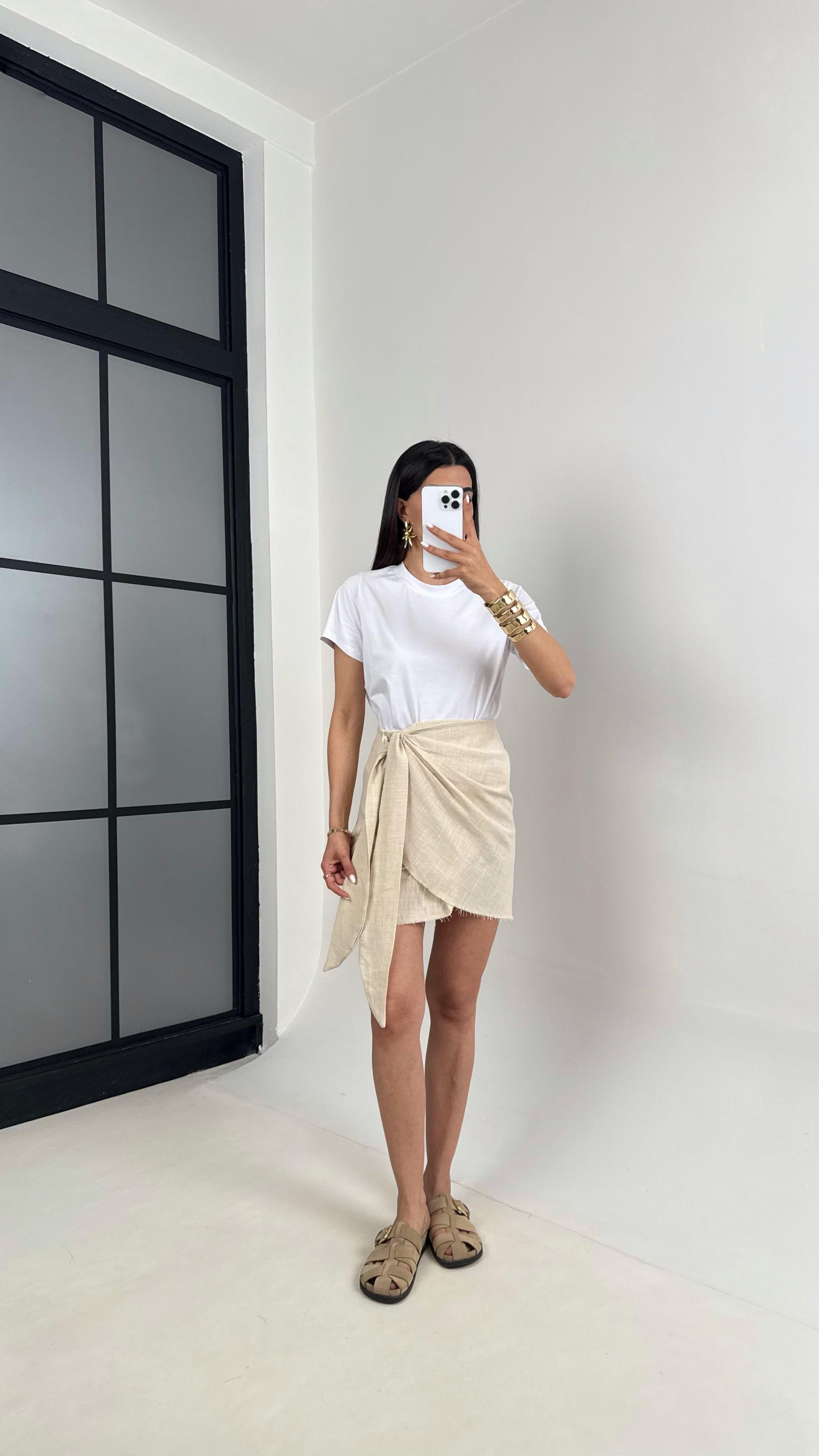 Taş Yan Bağlama Detaylı Keten Etek Gaus00435GausETEKGU1002026