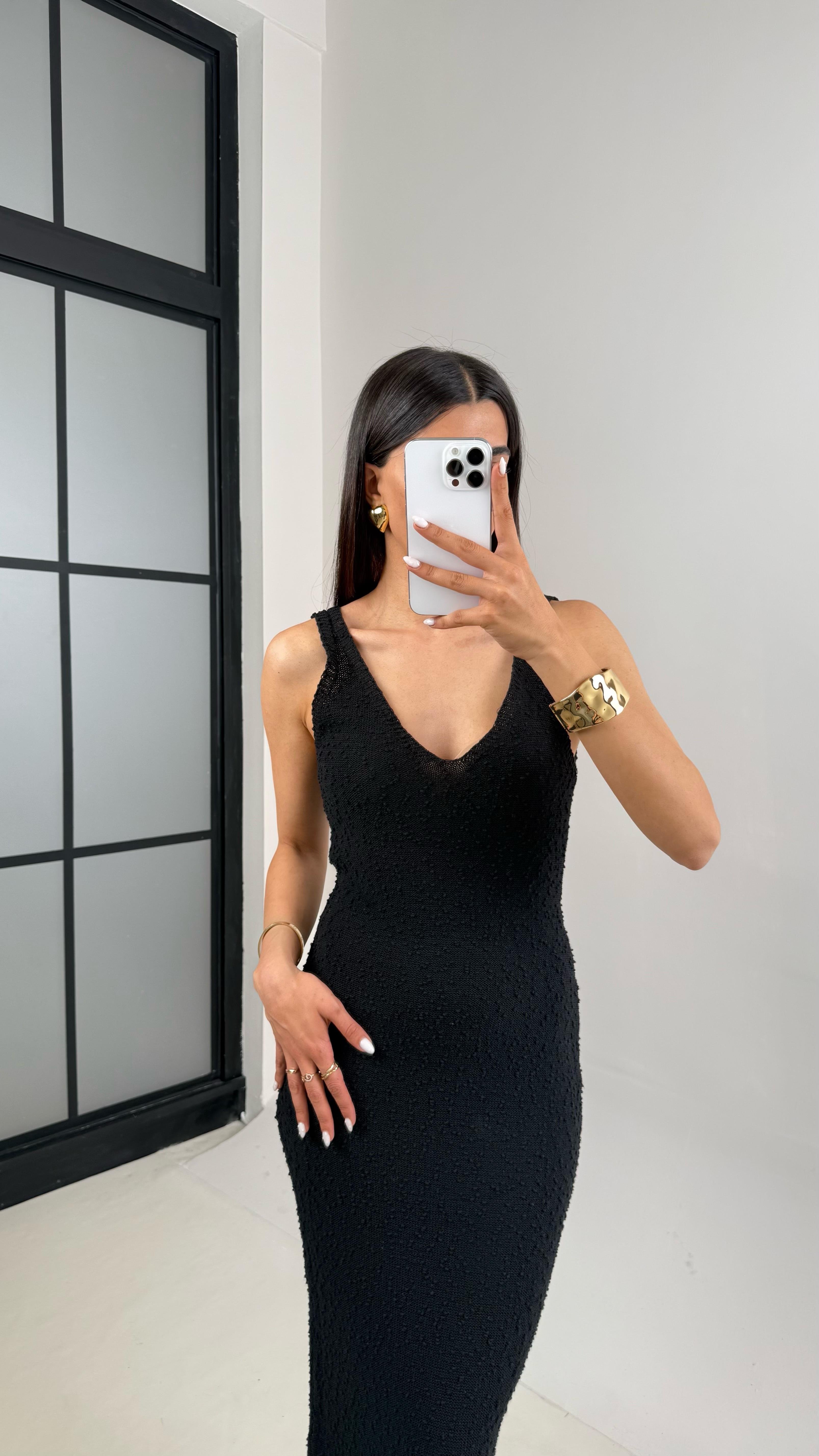 Siyah V Yaka Askılı Triko Elbise Gaus00412GausELBİSEGU1001963