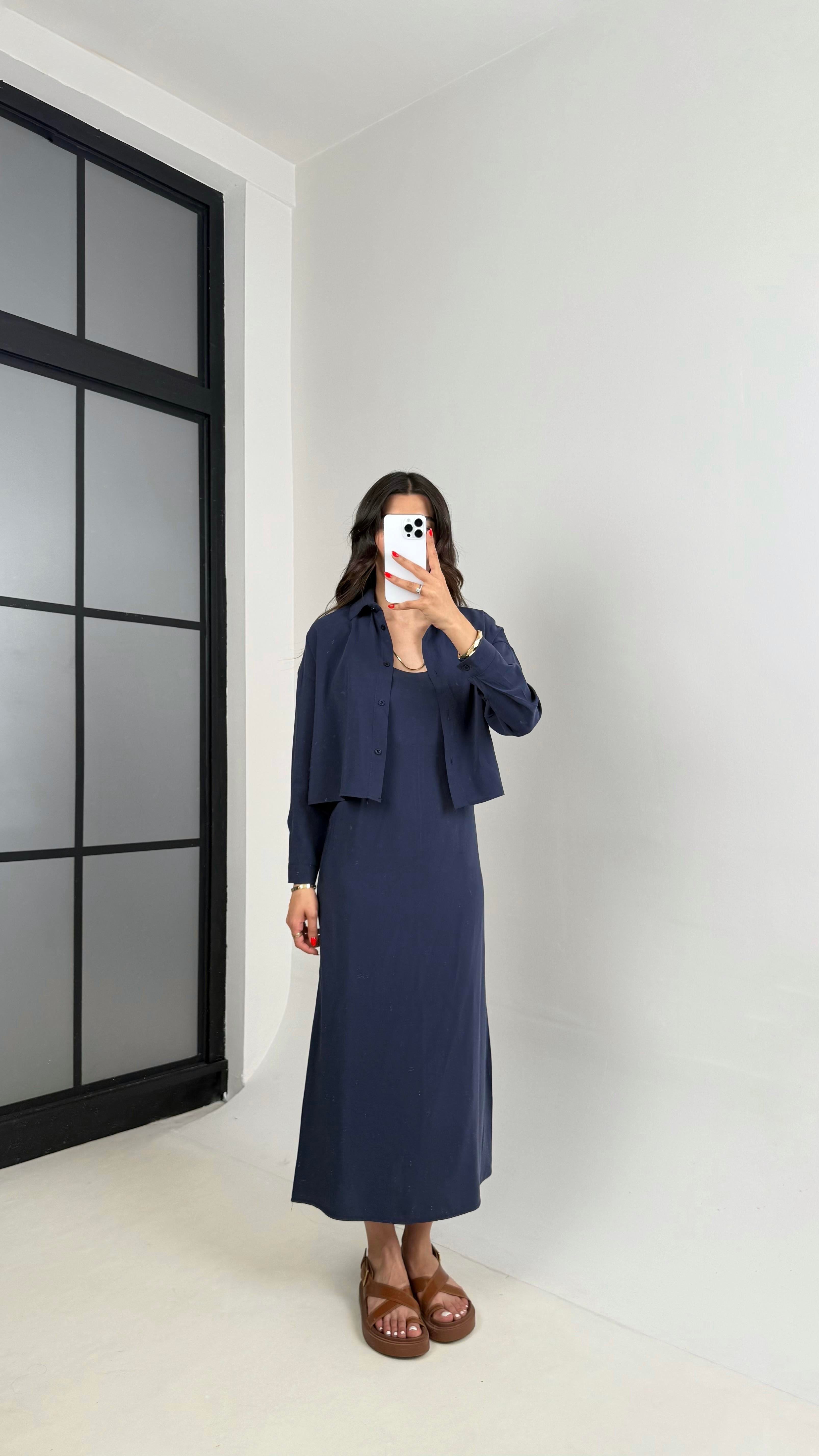 Lacivert Ayarlanabilir Askılı Elbise Gömlek İkili Tensel Takım Gaus00467GausTAKIMGU1002096