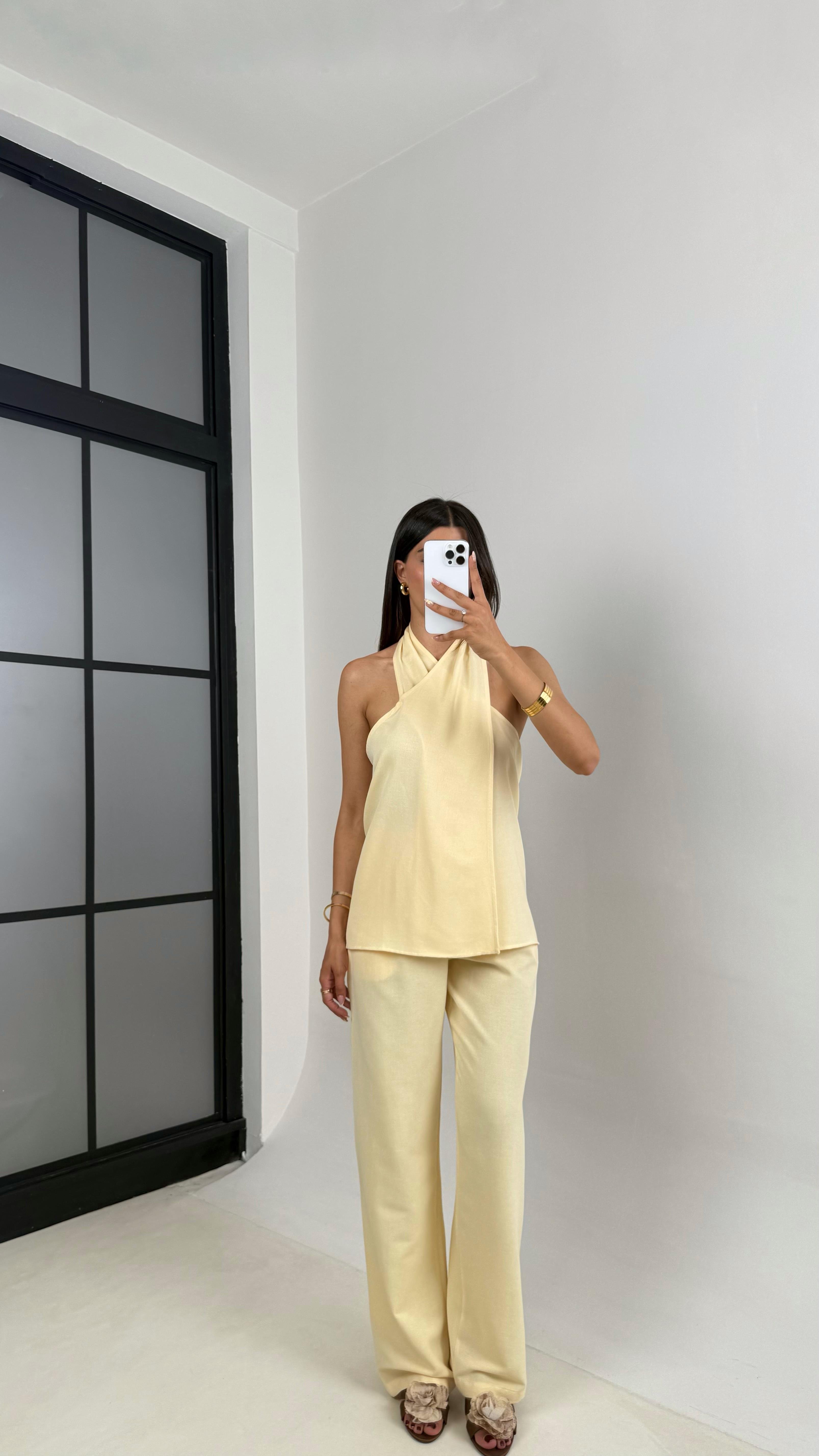 Sarı Boyundan Bağlamalı Bluz Cepli Pantolon Tasarım Keten Takım Gaus00667GausTAKIMGU1002540