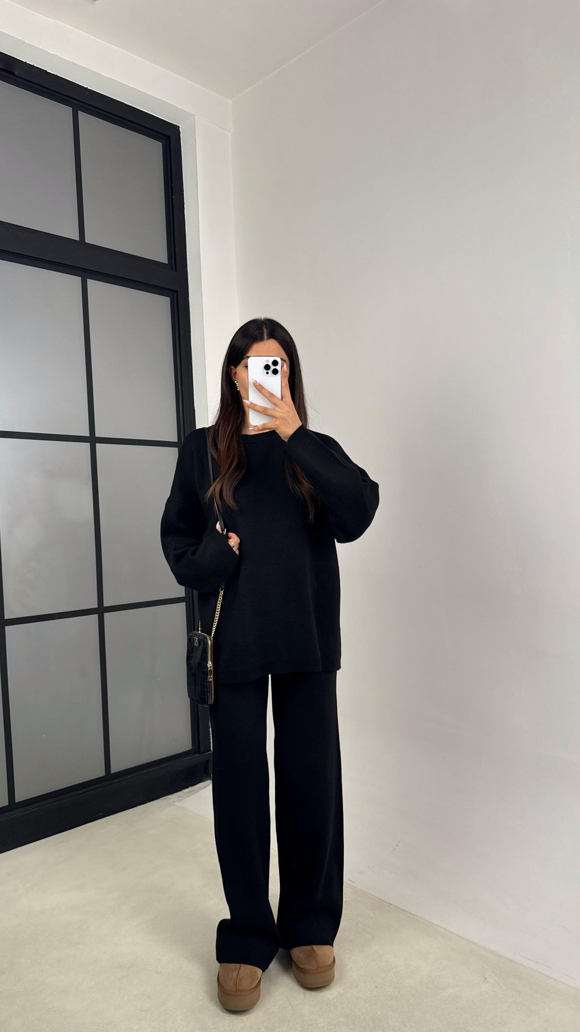 Siyah Uzun Kol Kazak Beli Lastikli Pantalon İkili Triko Takım GAUS-00103GAUSTAKIMGAUS-00103