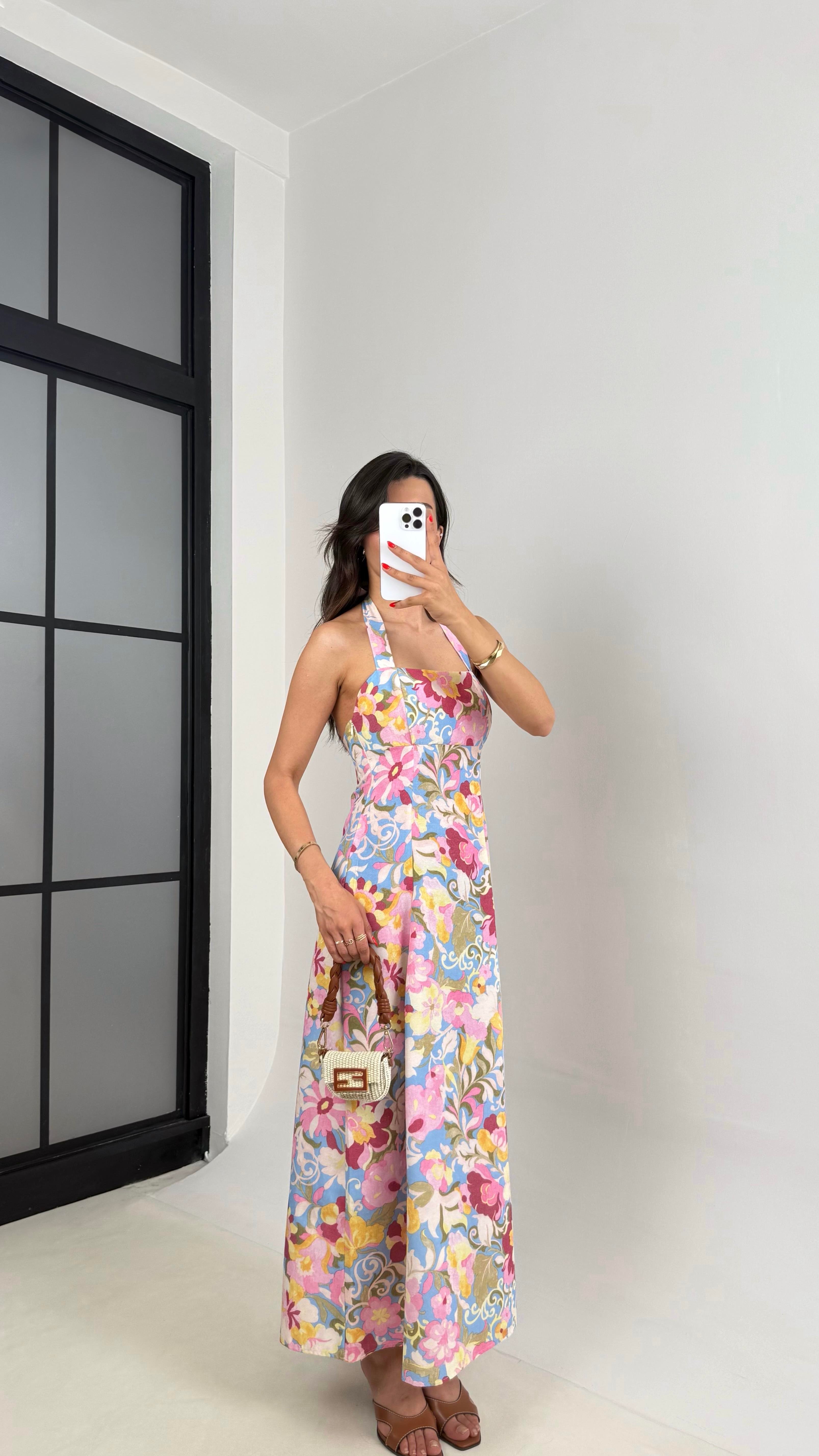 Floral Desenli Boyundan Bağlamalı Keten Elbise Gaus00515GausELBİSEGU1002208