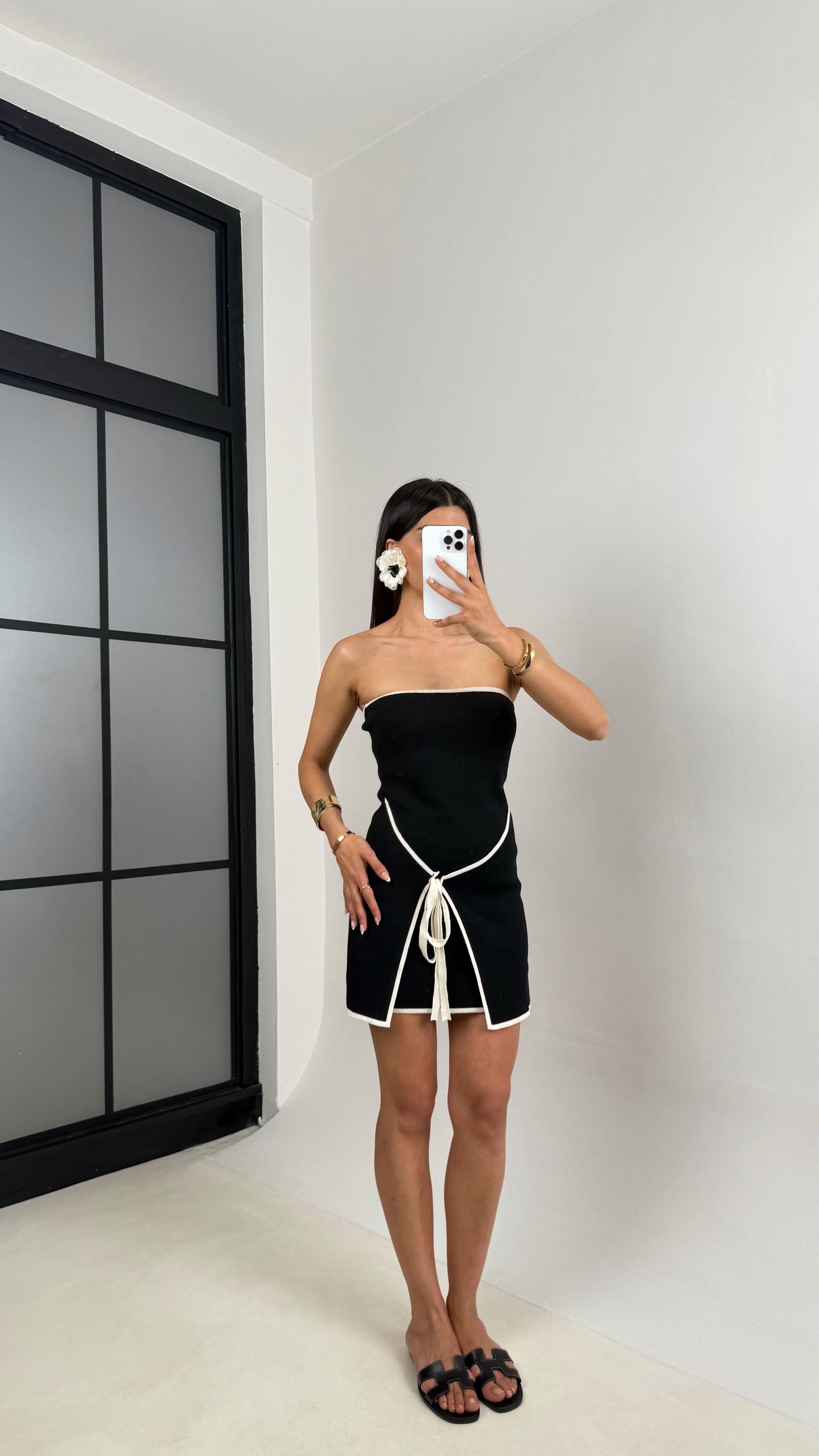 Siyah Bağlama Detaylı Straplez Triko Mini Elbise Gaus00543GausELBİSEGU1002266