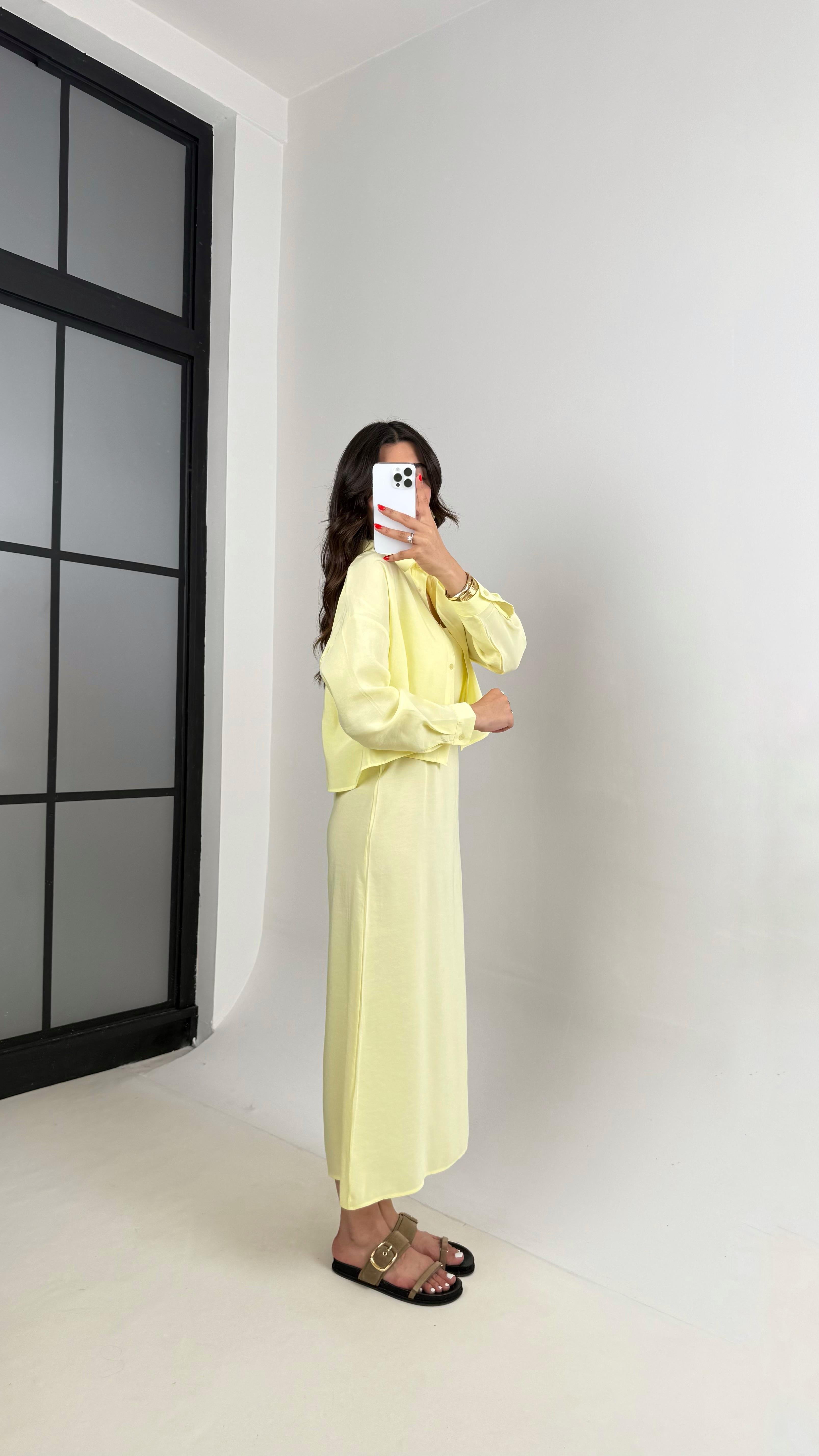 Sarı Ayarlanabilir Askılı Elbise Gömlek İkili Tensel Takım Gaus00467GausTAKIMGU1002093