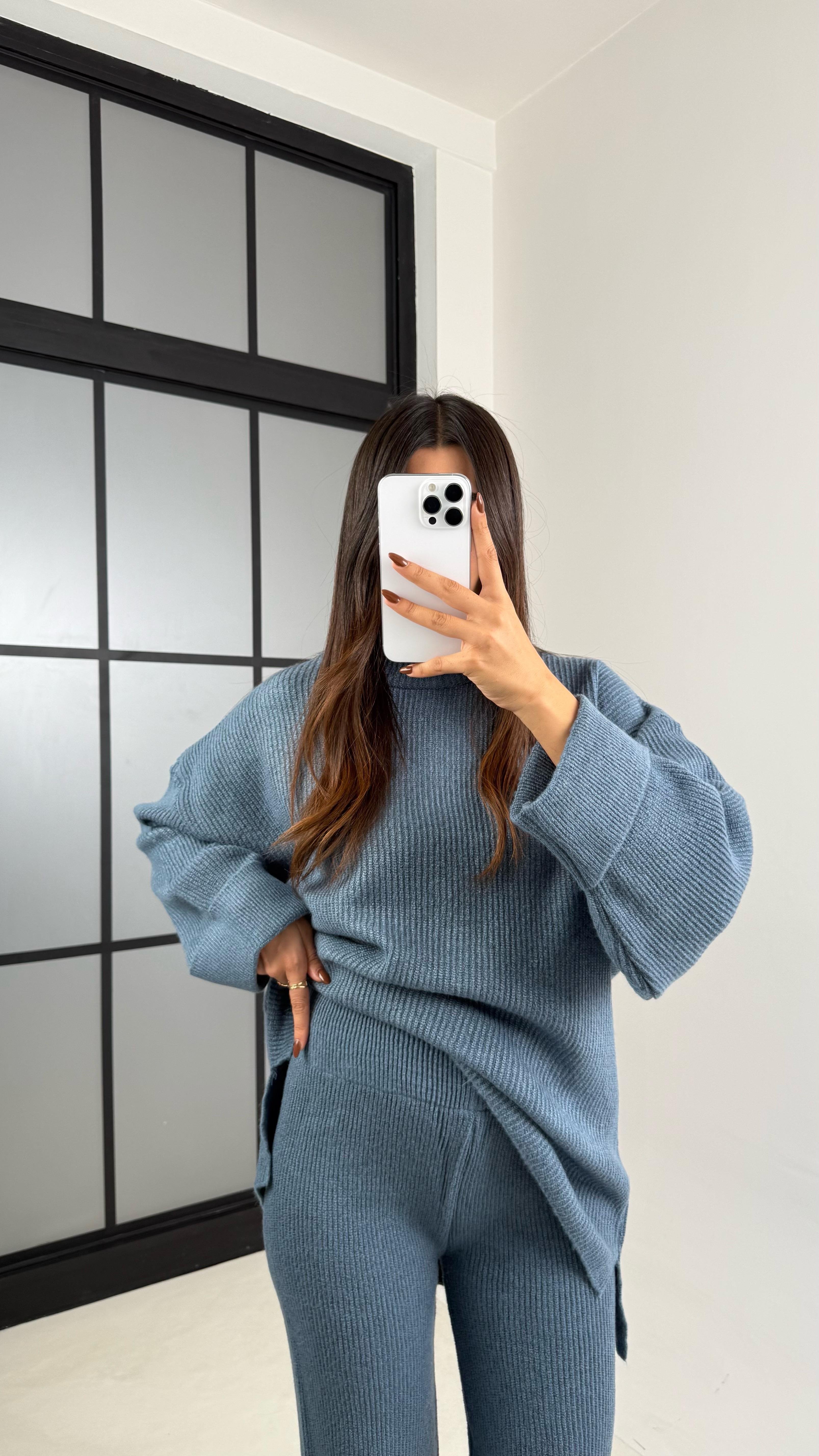 Mavi Duble Kol Kazak Beli Lastikli Pantolon Triko Takım GAUS-00200GAUSTAKIMGAUS-00200