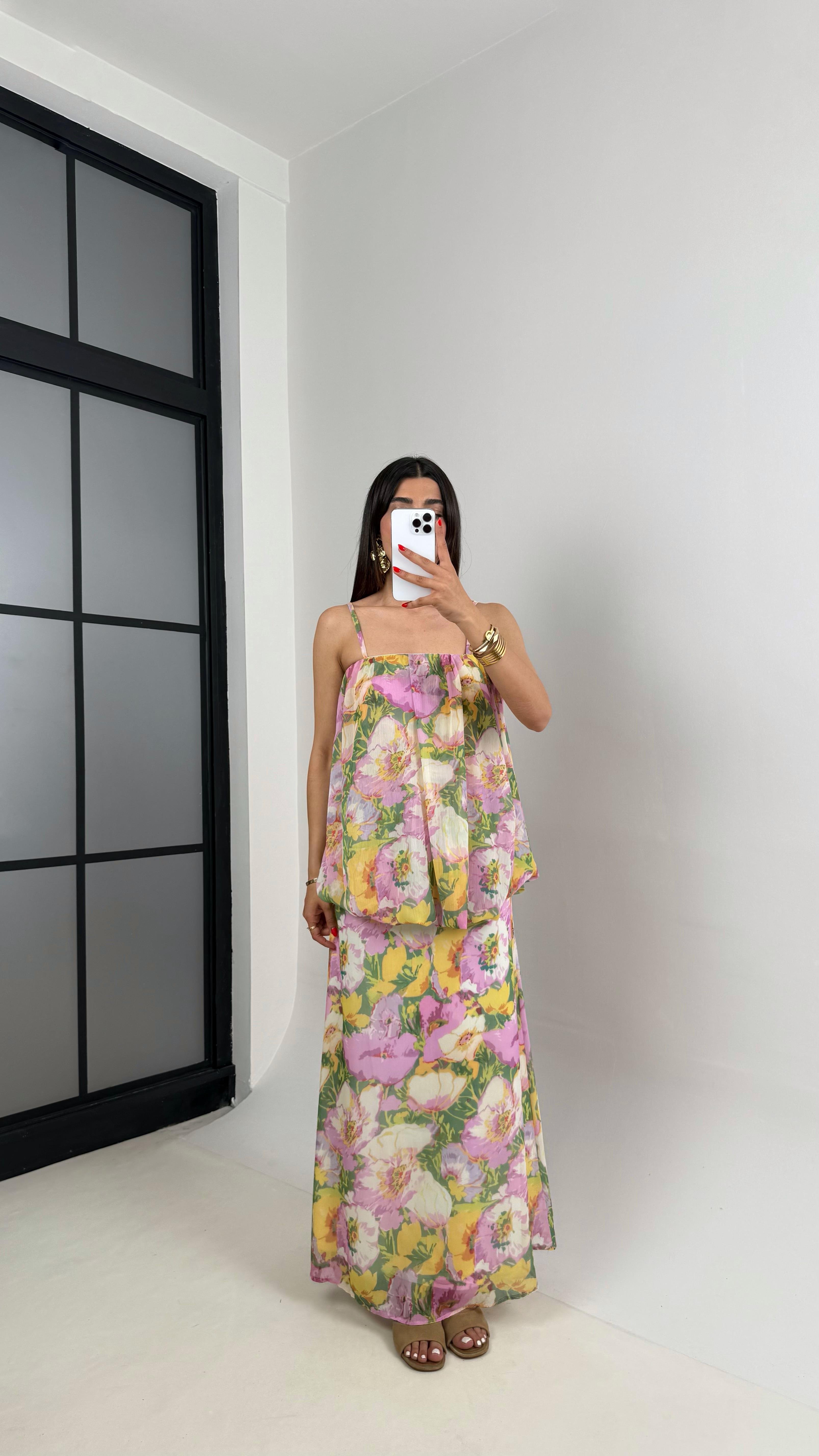 Pembe Çiçek Desenli Ayarlanabilir Askılı Astarlı Katlı Şifon Elbise Gaus00469GausELBİSEGU1002100